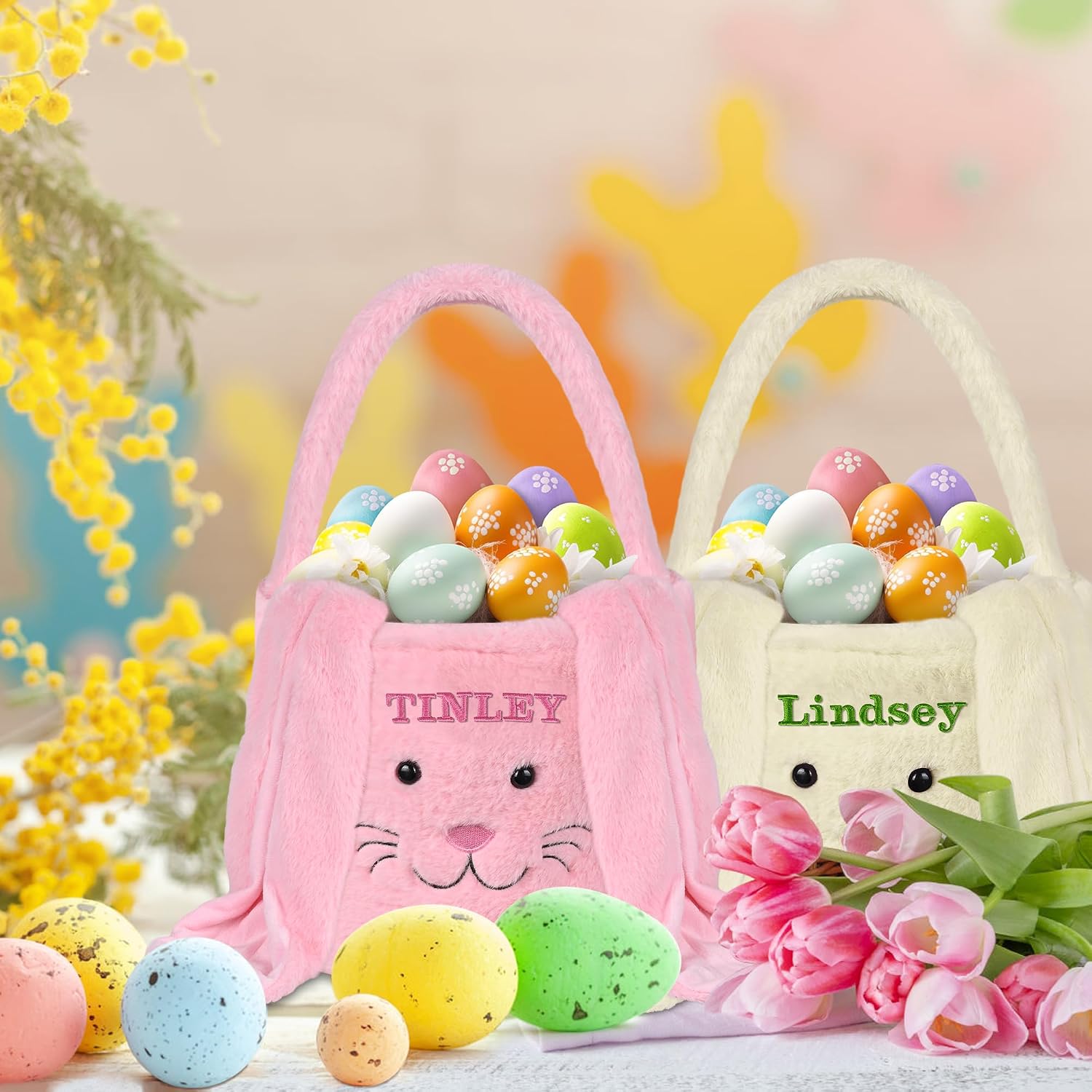 Easter Bunny Basket, Personalized Easter Basket Bunny, Easter Baskets for Girls Boys - Pink