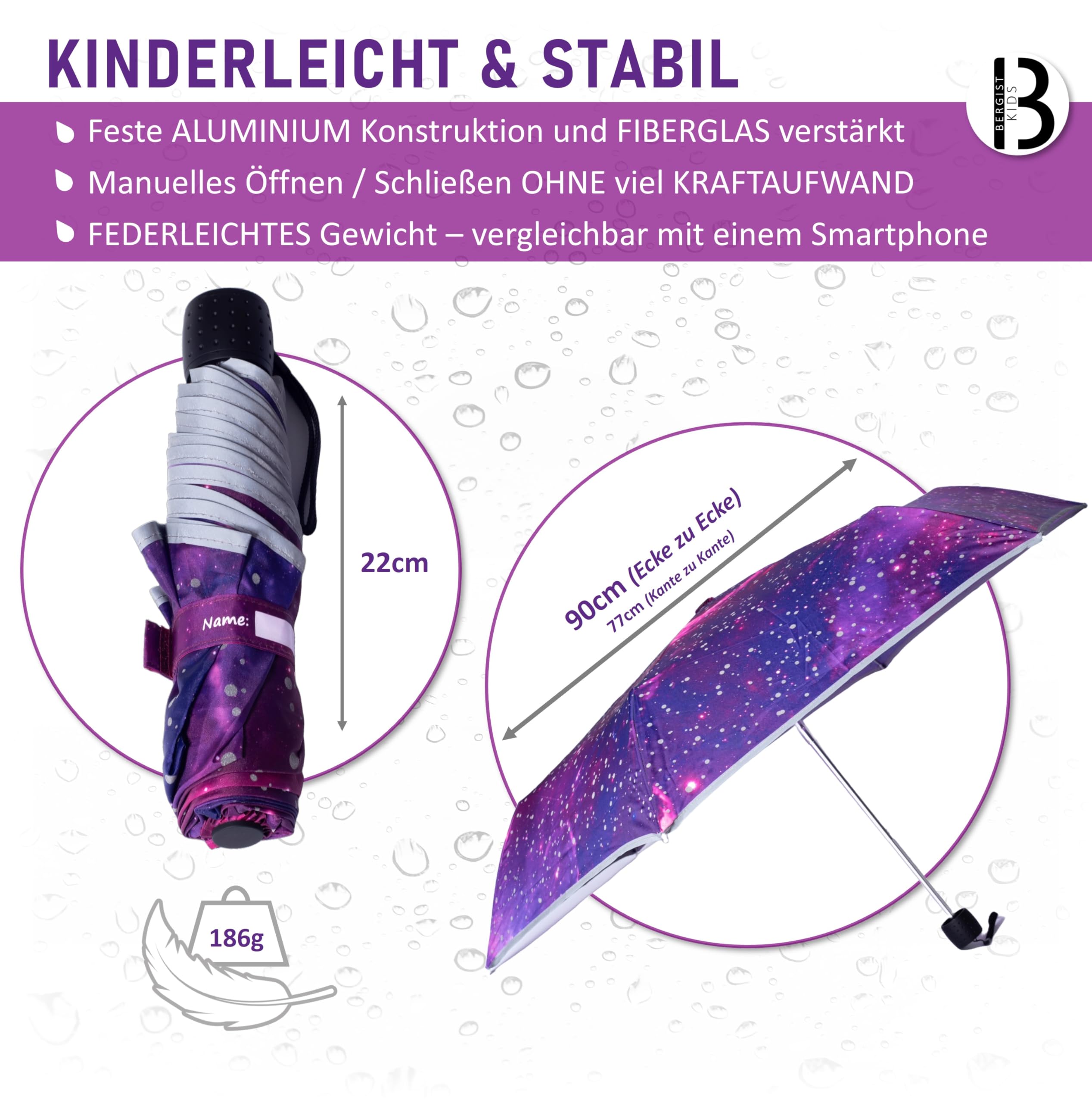 Regenschirm Kinder reflektierend - Schulranzen Kinderschirm ultraleicht - Schirm für Mädchen & Jungen - Galaxie