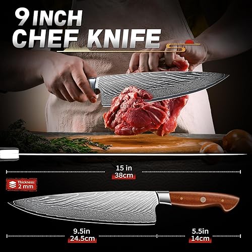 Miniatura 7 de TIJERAS Cuchillo de chef de Damasco, cuchillos de cocina japoneses de 9 pulgadas con acero de Damasco de 67 capas, cuchillos de cocina profesionales