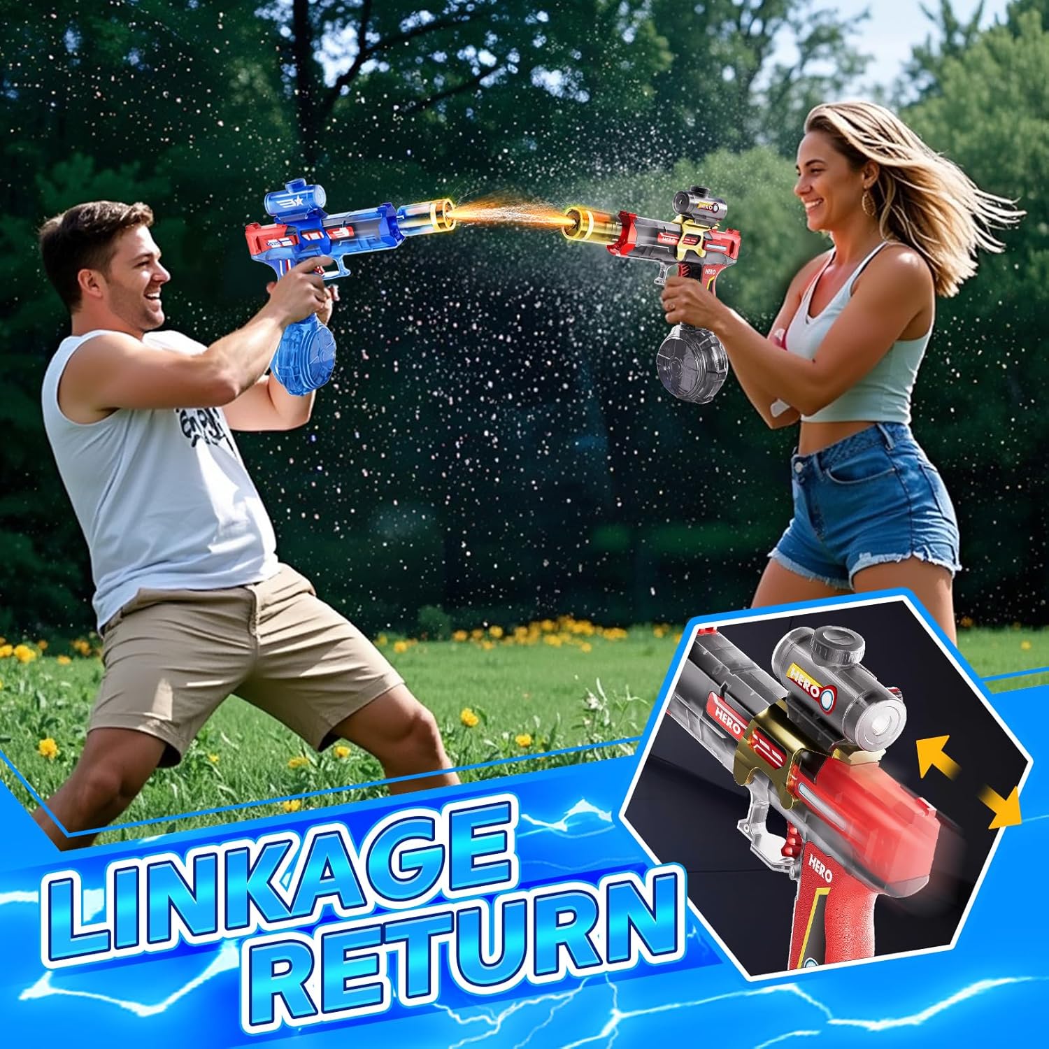 Electric Water Gun for Adults & Kids, Automatic Electric Squirt Gun with Long Range, Powerful LED Light Water Gun Pistol Blaster Soaker, Water Guns for Summer Outdoor Beach Swimming Pool(BK+B)
