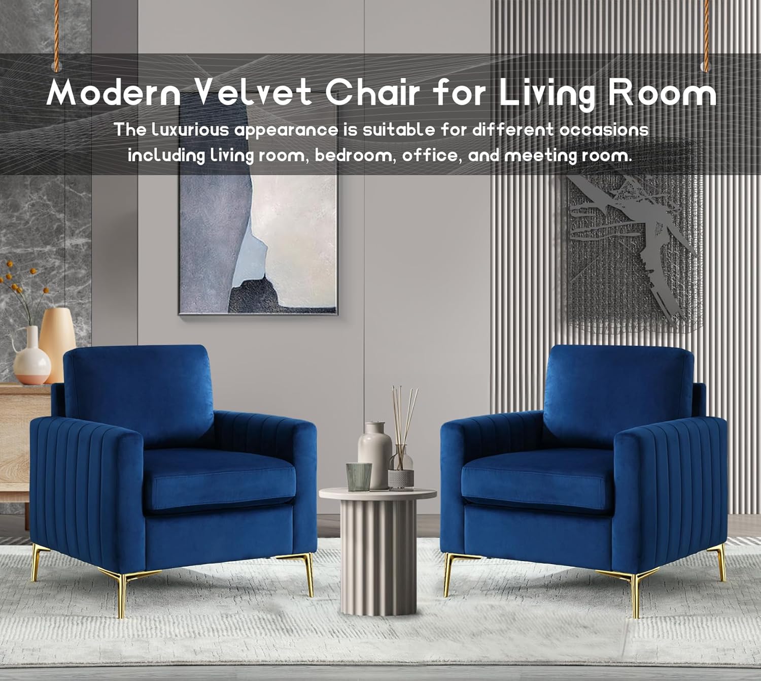 Modern Velvet Accent Chair, Comfy Living Room Armchair with Thick Cushion, Upholstered Reading Armchair, Mid Century Sofa Chair with Gold Legs, Side Chair for Living Room, Bedroom, Office, Club, Blue