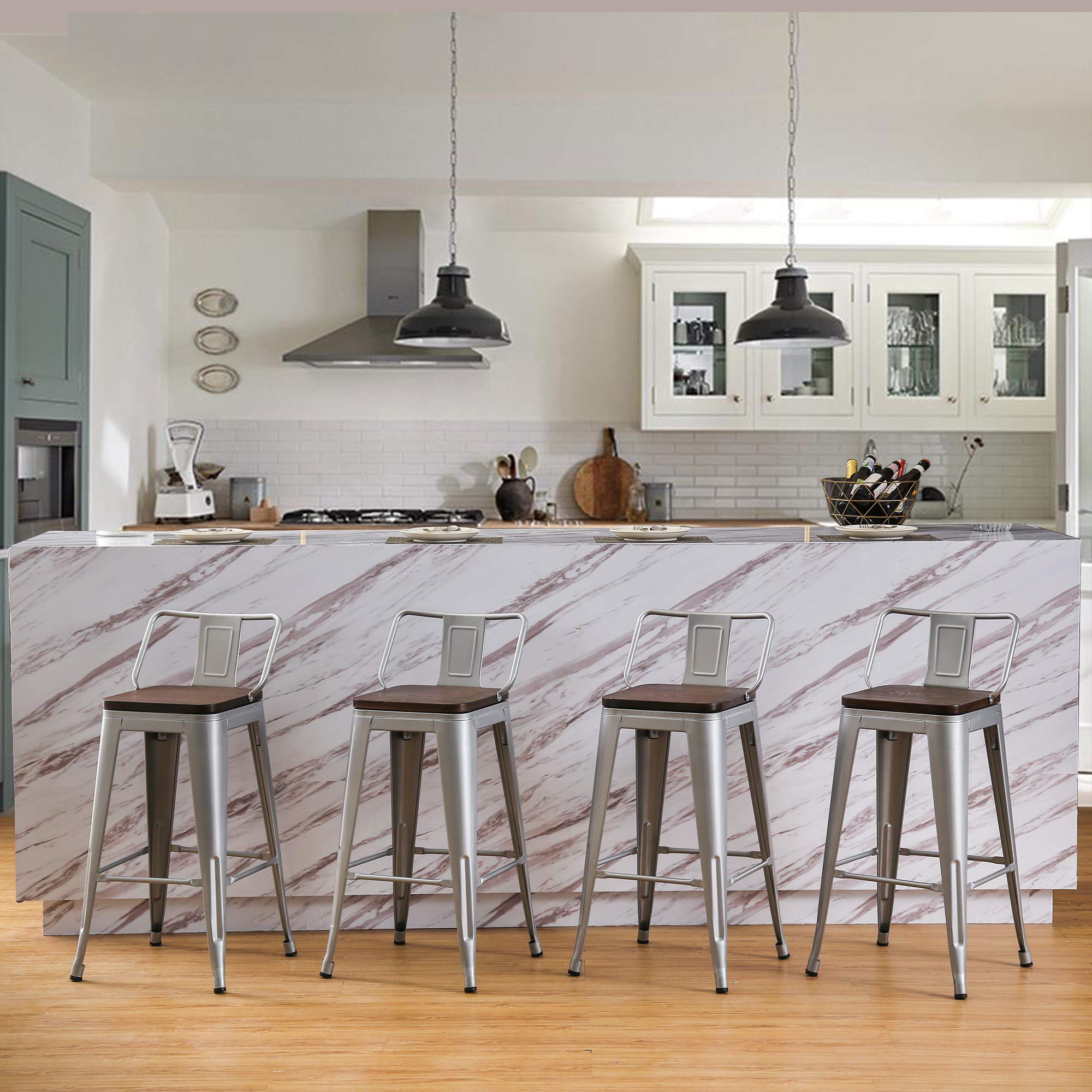Andeworld Set of 4 Tolix-Style Counter Height Bar Stools Industrial Metal Bar Stools Low Back (24 Inch, Silver with Wooden Top)