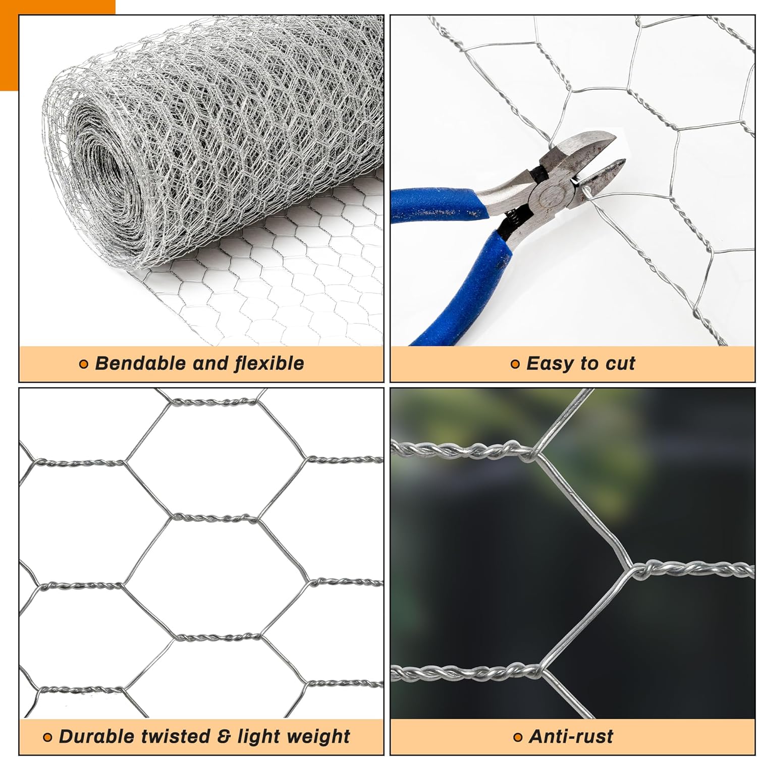 Sliver Chicken Wire 48 inch(H) x 100 ft(L), Anti-Rust Hexagonal Galvanized Metal Garden Netting for Floral Arrangements, Powder Coated Chicken Wire Coop for Crafts Plant Protector Pet Rabbits Fencing