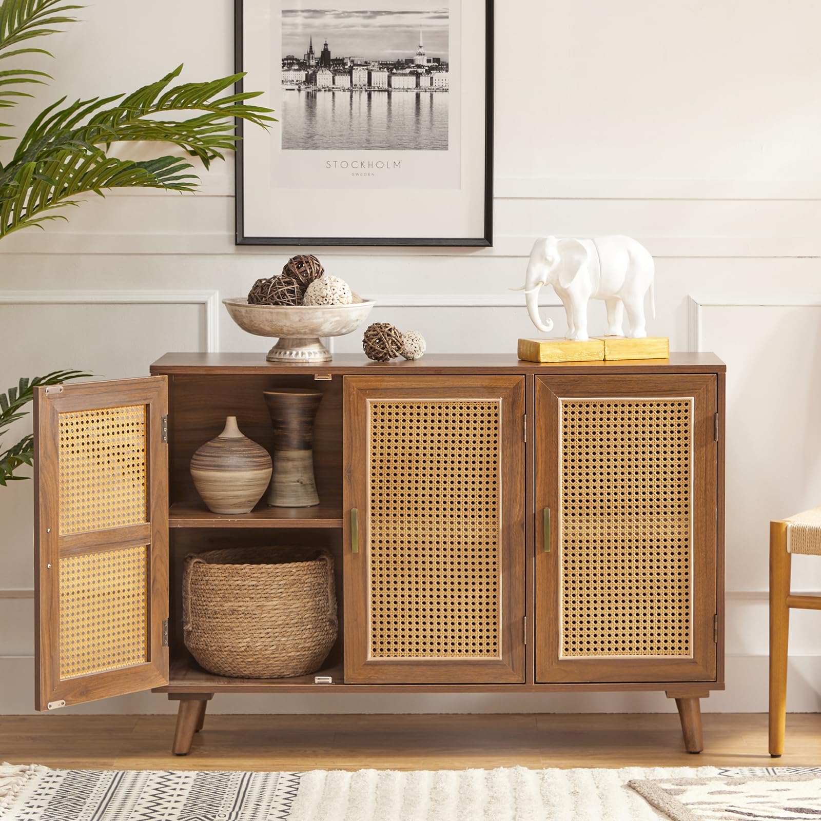 HULALA HOME Storage Cabinet with 3 Natural Rattan Doors and Adjustable Shelves