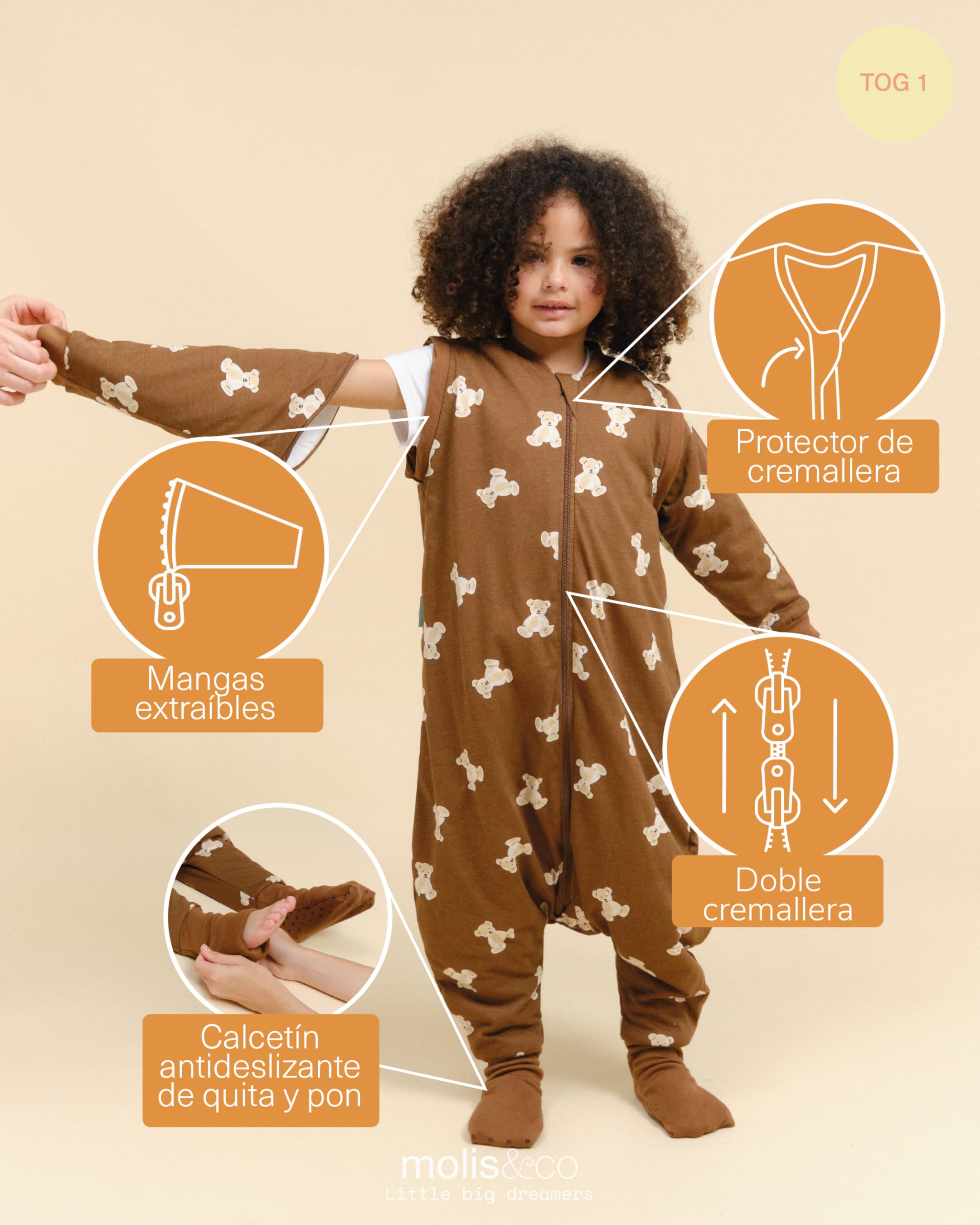 molis&co - Pijama Manta con Mangas Desmontables y Calcetines Antideslizantes - 1.0 TOG - Ideal para Primavera y otoño - 100% algodón (Oeko-Tex 100) (Teddy Mocca, 3 años)