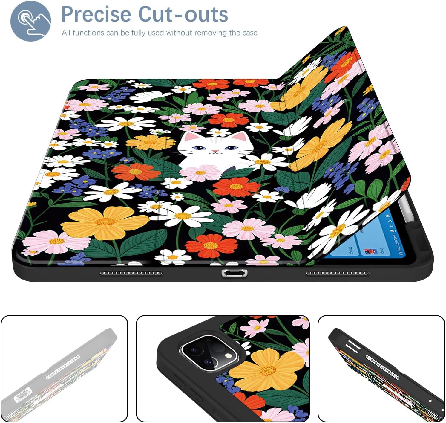 Case for iPad Pro 12.9 inch 6th/5th/4th Generation(2022/2021/2020), Protective Case with Pencil Holder, Auto Wake/Sleep Trifold Smart Stand Cover for iPad Pro 12.9 6th Gen, Cat in Flowers