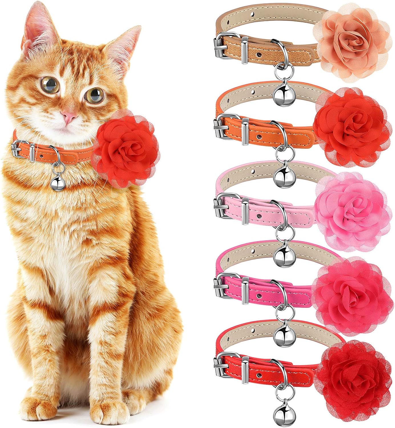Weewooday 5 Sets Valentine's Day Cat Collar with Flower Charms Adjustable Cat Bell Collar with Flowers Floral Pet Collars for Dog Puppy…