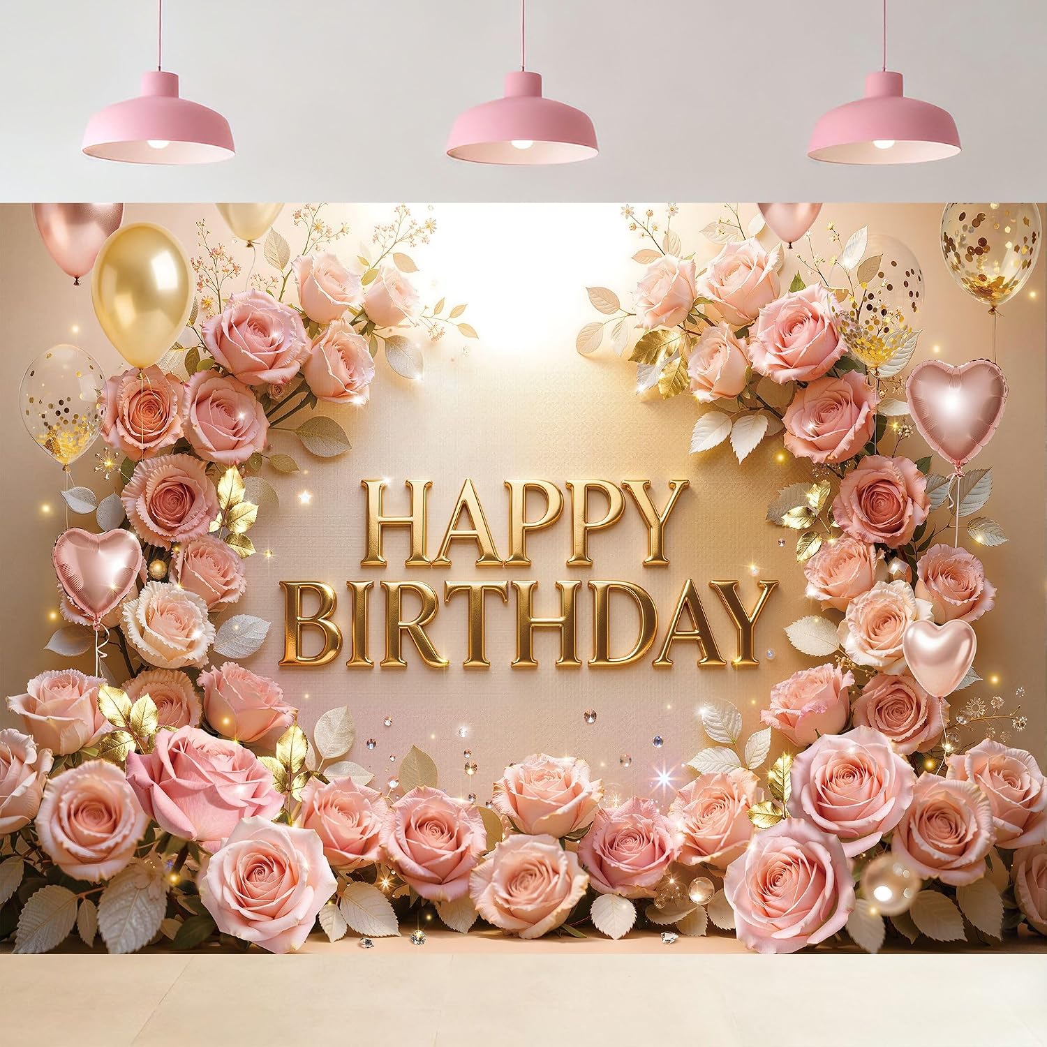 Pink Gold Happy Floral Rose Blossom Photography Backdrop