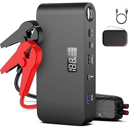 BOOKOO Car Battery Jump Starter 4000A,16000mAh Portable Battery Jumper Cables for Car 8L Gas | 7L Diesel Engines,Jump Box with USB QC 3.0 | PD 18W Fast Charging,3 LED Modes with SOS for Emergency Use