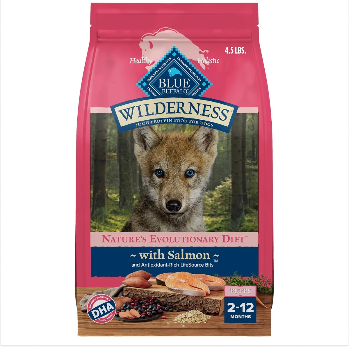 Blue Buffalo Wilderness Salmon & Wholesome Grains Puppy Dry Dog Food, 4.5lb | High Protein, Real Salmon #1 Ingredient, Antioxidant-Rich LifeSource Bits, Supports Muscle Development