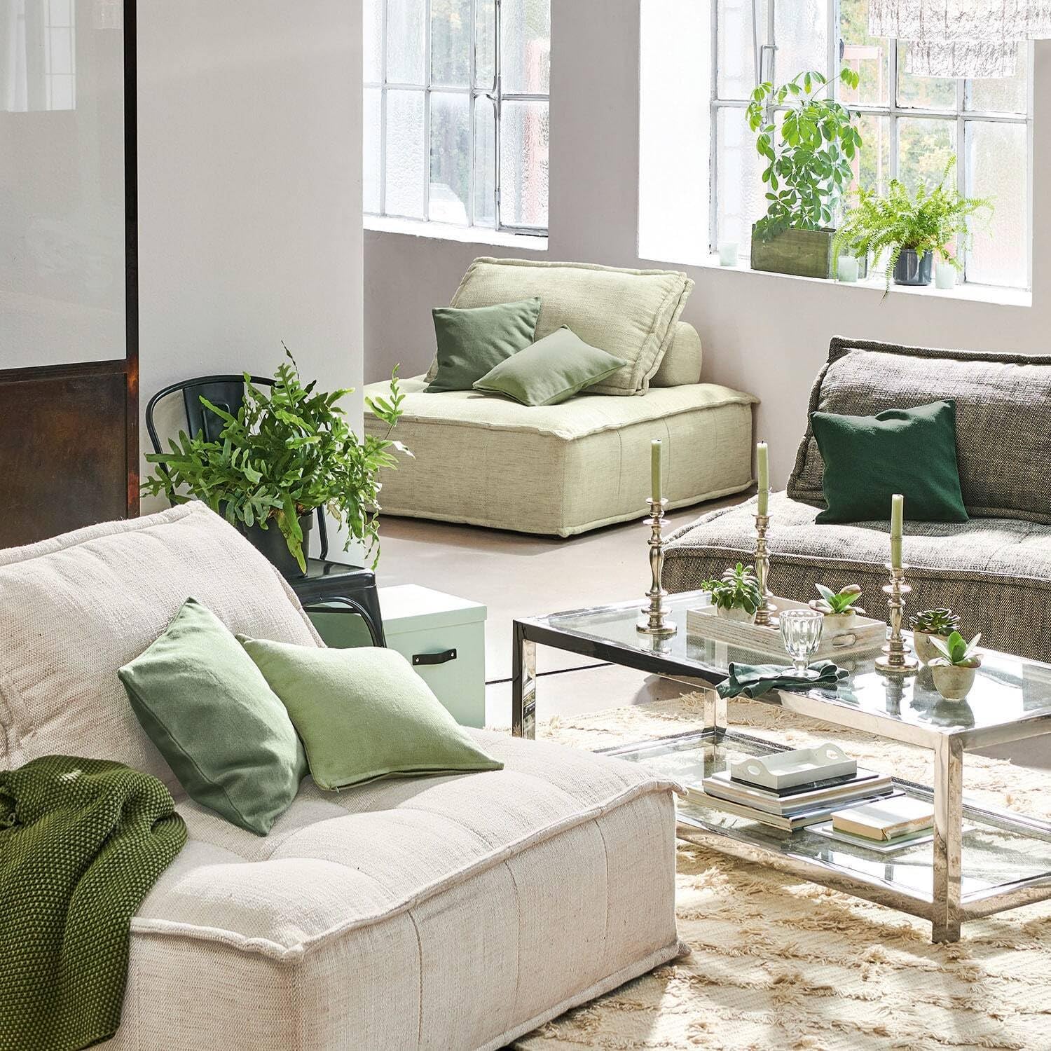 Loberon Alienor Lot de 3 Housses de Coussins - en Trois Coloris harmonieux - Tissu Naturel en Coton, Vert