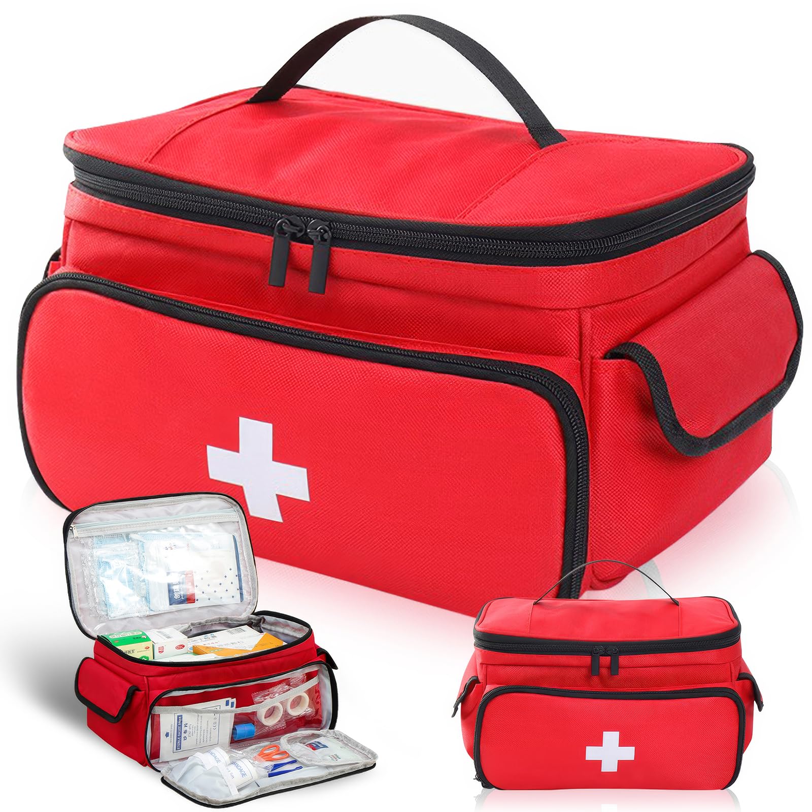 OUZHOU Erste Hilfe Tasche Leer, Erste Hilfe Set Aufbewahrungstasche, Notfalltasche Arzttasche mit Griff, Reiseapotheke Medikamententasche, Hausapotheke First Aid Kit für Zuhause, Büro, Outdoor Rot