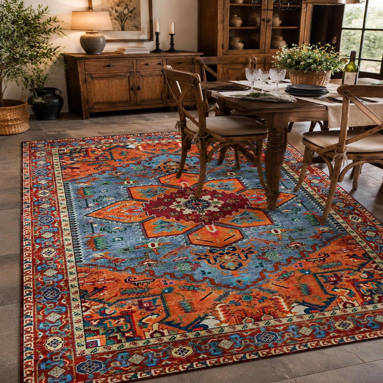 Extra Große Teppich Wohnzimmer, 200 x 300 cm, Orientalisches Rot, Blau, Orange, Beige, Kurzflor Teppiche Schlafzimmer, Waschbarer Wohnzimmerteppich,
