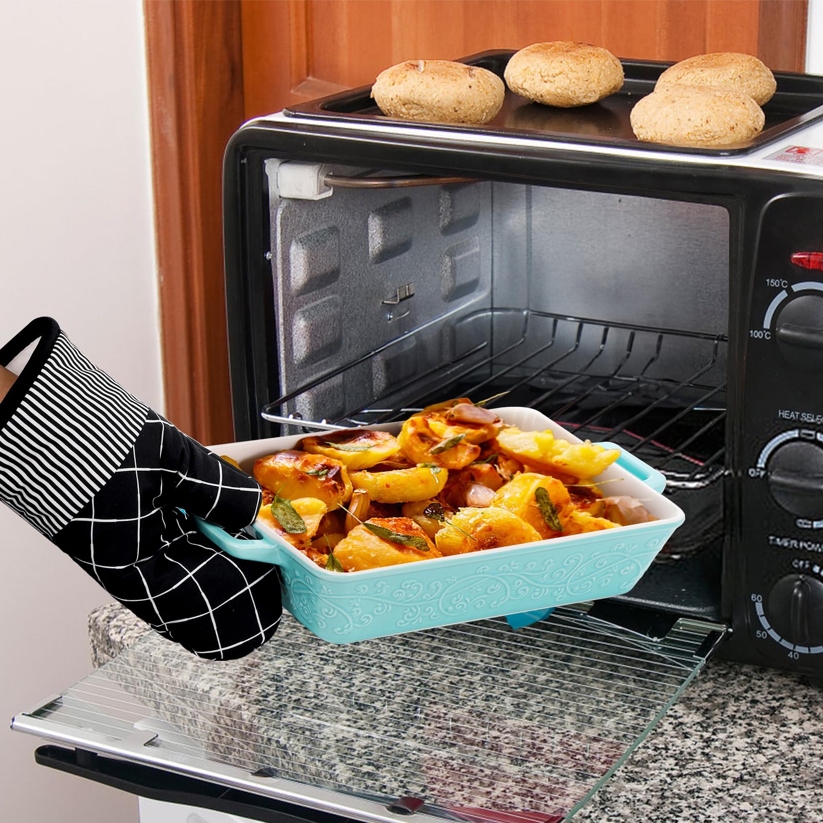 Okllen Set mit 3 Auflaufformen für den Ofen, Keramik-Backformen mit Griffen, rechteckige Lasagne-Pfanne, Backformen-Set zum Backen, Kochen, Braten, Grillen, Gratin, Hochzeits- und Einweihungsgeschenk,