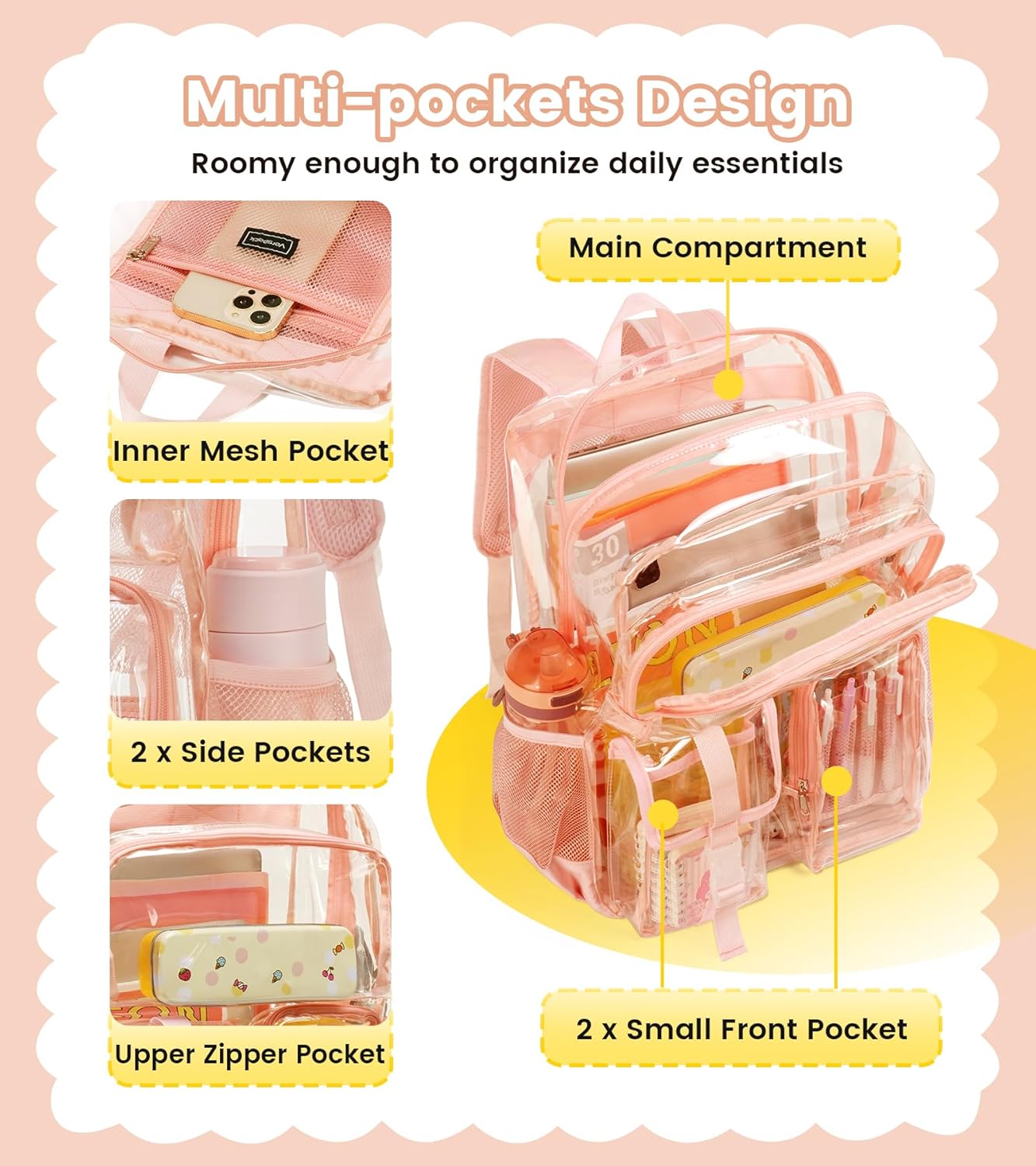 Vorspack Clear Backpack for School - Heavy Duty Transparent Bookbag for Girls Boys Extra Large See Through backpacks for Work, College, Travel - Pink - Image 3