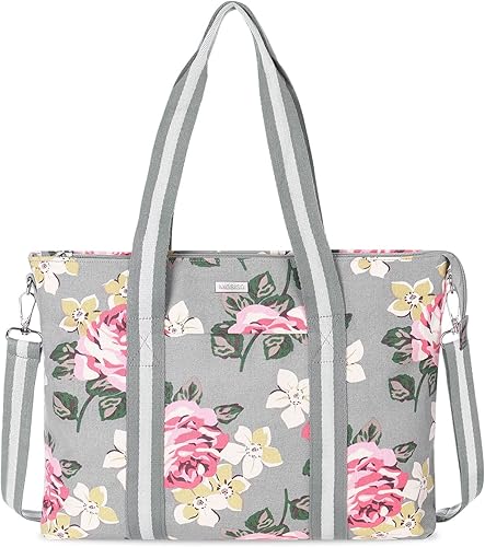 MOSISO Bolsa de mano para laptop para mujer (17-17.3 pulgadas), lona rosa, multifuncional, trabajo, viajes, compras, bolsa de hombro compatible con