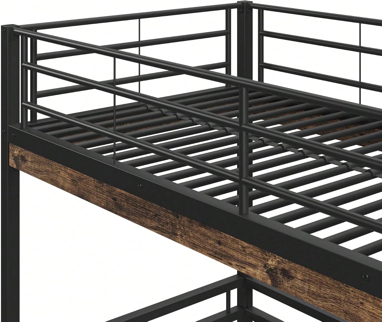 Close-up of the loft bed's metal frame and guardrails