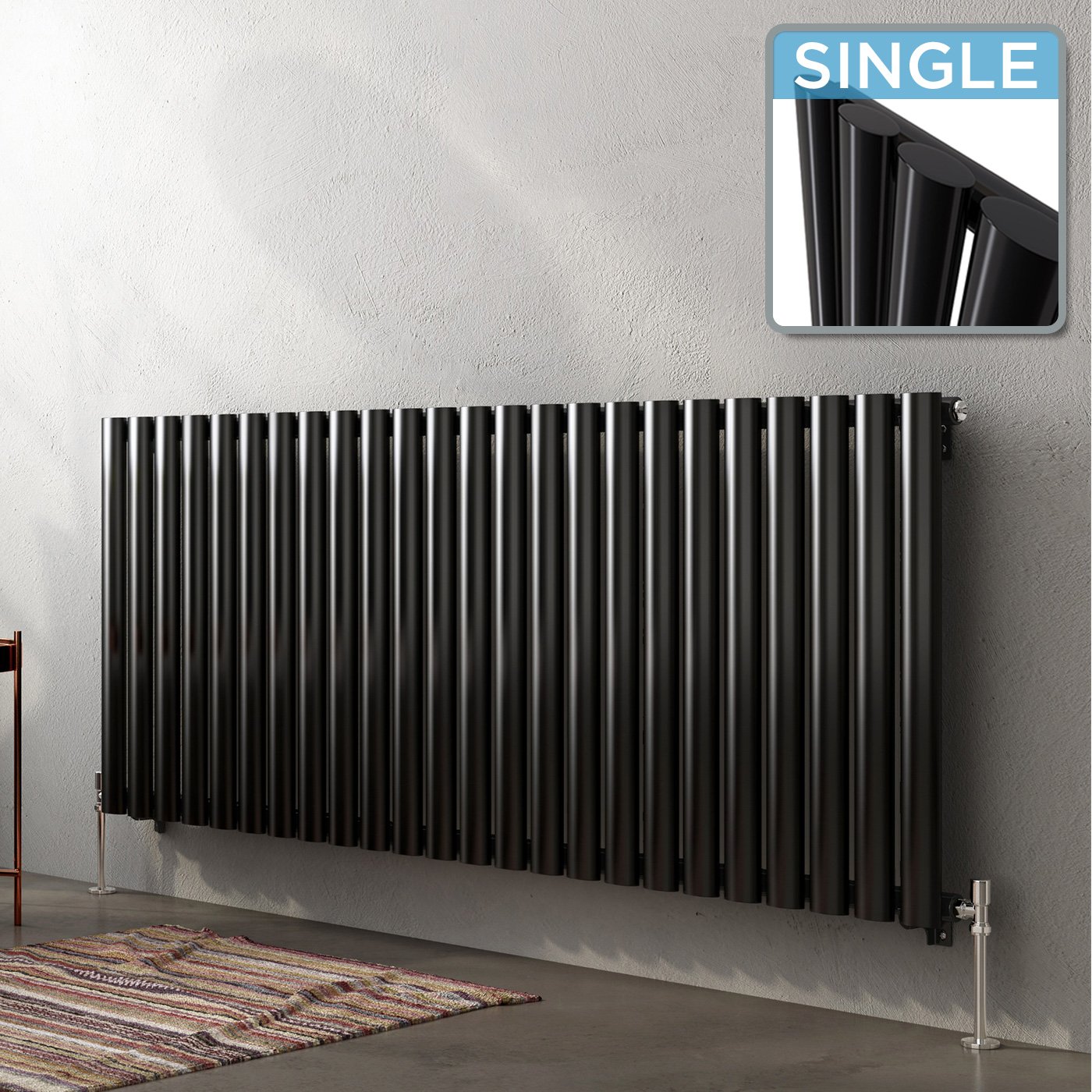 iBathUK Strata Wall-Mounted Horizontal Single Oval Panel Radiator, 24 Column Steel High Thermal Output Hydronic Central Heating, Designer Modern Radiator in Gloss Black, 600 × 1416mm