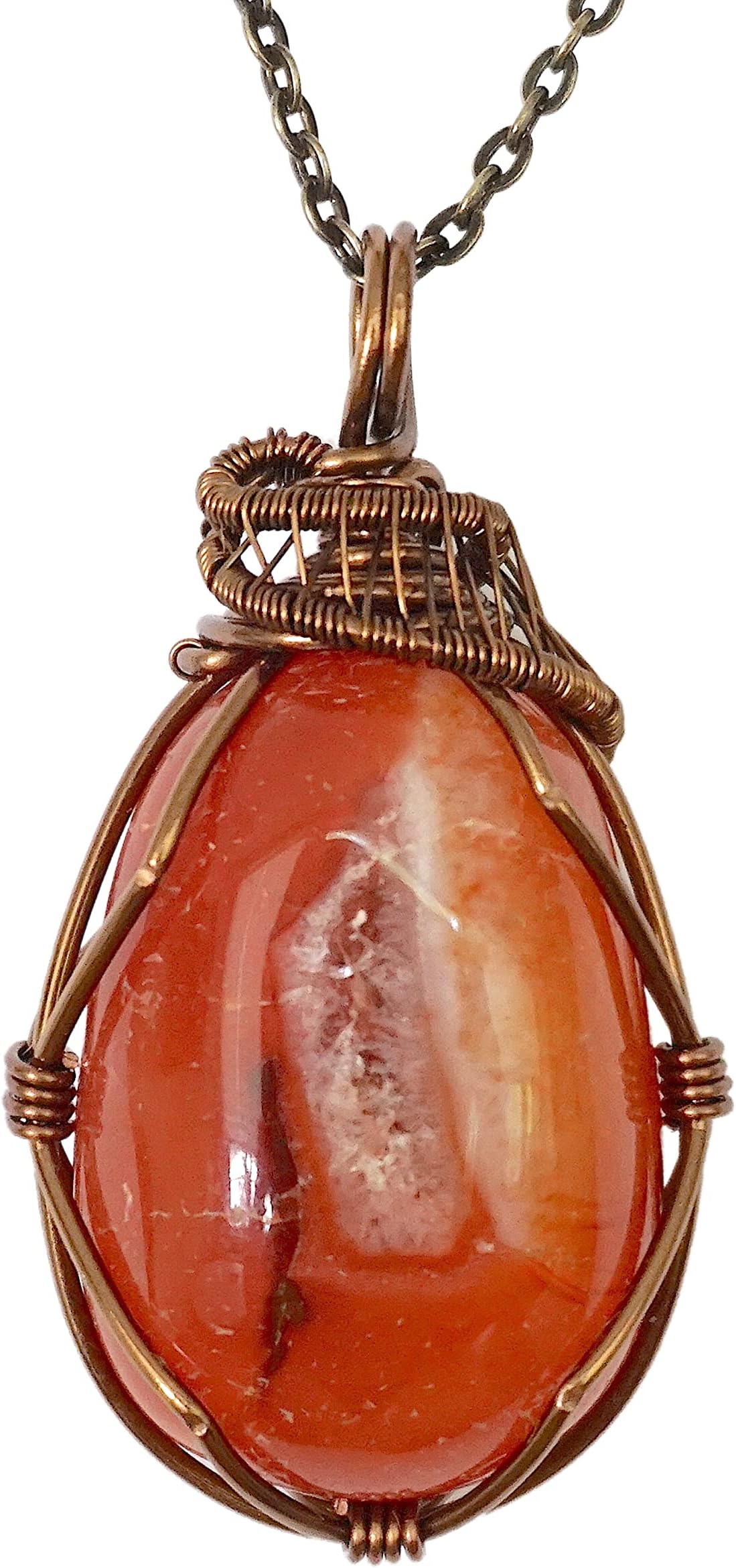 Handcrafted Raw Gemstone Necklace, Mixed Wire Pendant in Antique Bronze with 24 Inch Chain