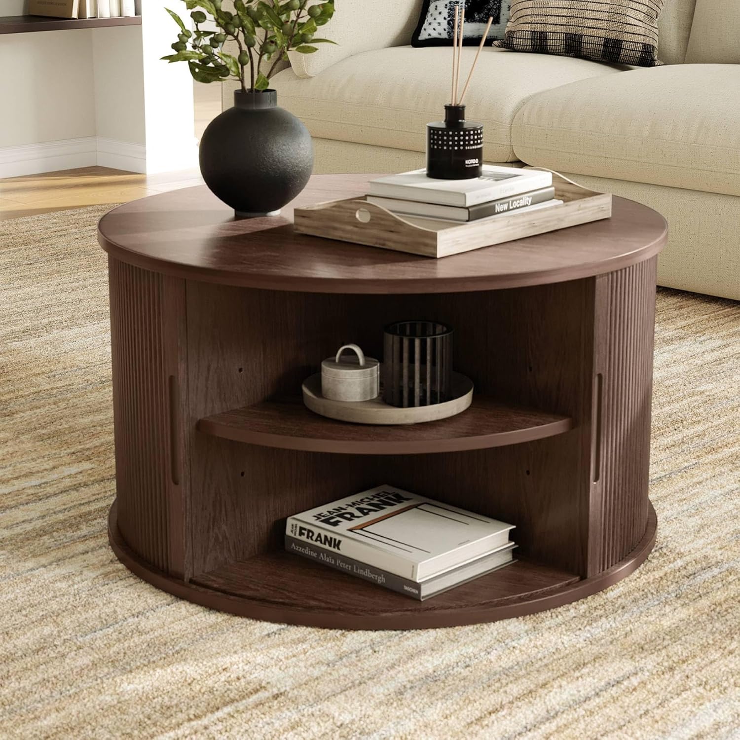 LINSY HOME Round Coffee Table, 31.5" Drum Coffee Table with Sliding Tambour Door, Fluted Accent Center Table with Storage, Mid Century Modern Coffee Table for Living Room, Walnut