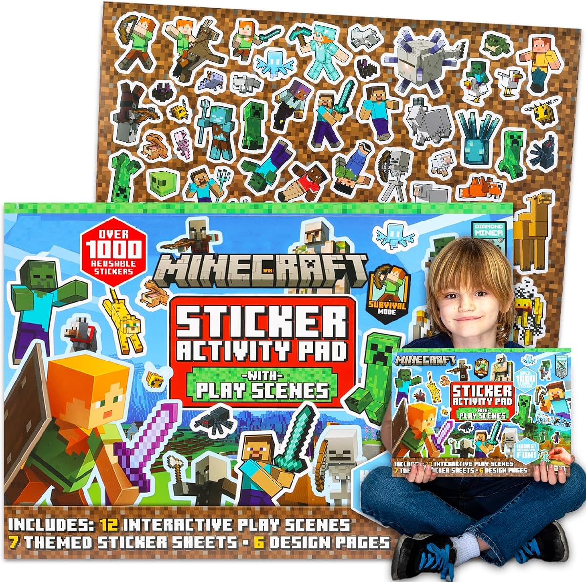 Minecraft Stickers Giant Activity Pad for Kids - 1000+ Sticker Book 11"x14" | Ultimate Minecraft Pixel Video Game Sticker Book Pad for Kids, Boys - Bulk Stickers, Play Scenes, Coloring Activity Pages