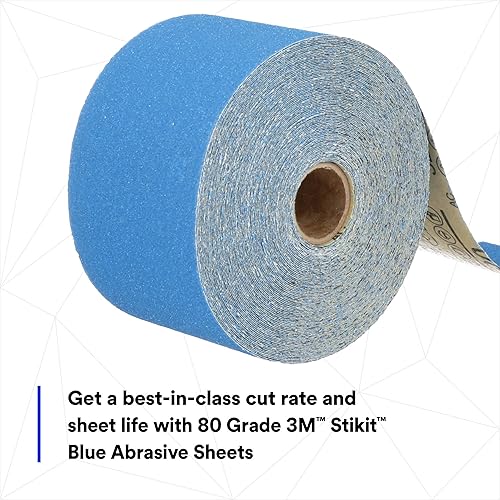 Miniatura 4 de 3M Stikit 36217 - Rollo de hoja abrasiva azul, sin agujero, 2.75 pulgadas x 20 yardas, grado 80+, papel de lija automotriz para eliminación de