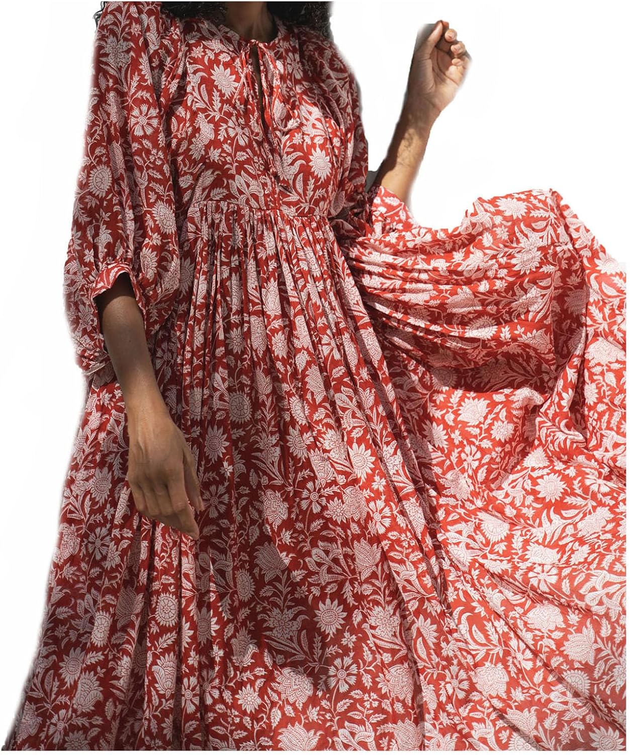 Women Boho Floral Maxi Dresses Summer Puff Sleeve Self-tie V Neck Beach Swing Casual Flowy Long Dress