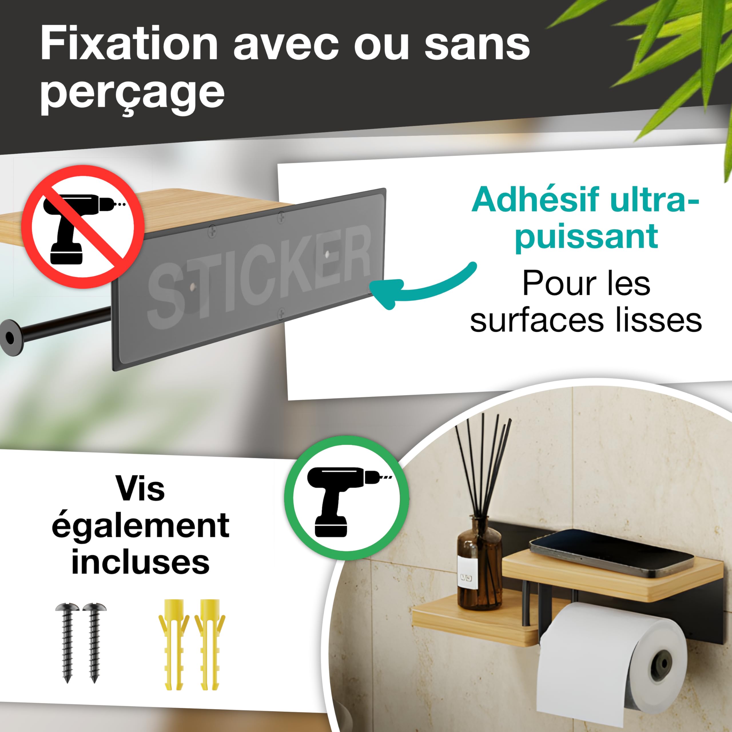 Support Papier Toilette Mural - avec ou sans Perçage - Porte-Papier Toilette en Bois & Métal - Distributeur Rouleau Papier WC PQ - Noir & Bambou - PPT130