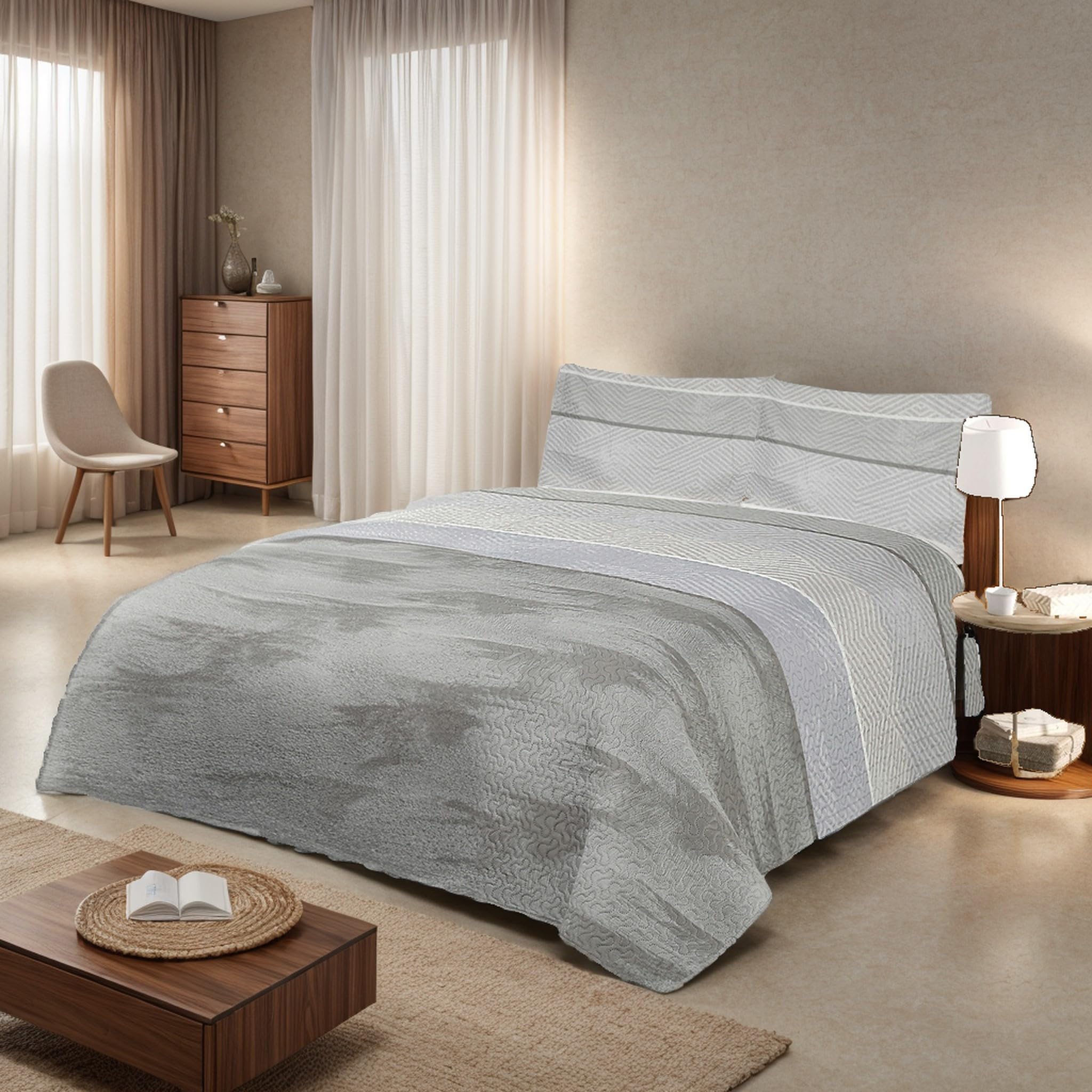 Etrexonline Colcha Bouti 230x260cm Reversible Estampada 100% Microfibra Extra Suave Colcha Cubre Cama Multiusos para Primavera y Verano Incluye 2 Fundas de Cojín, Cama 120/135 - Raya Gris