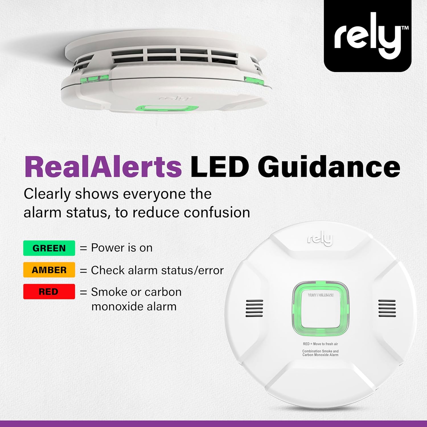 Rely 7300 2-in-1 Smoke & Carbon Monoxide Detector — 10-Year Sealed Battery Combo Alarm - RealAlerts Voice & LED Warning System - Fire & CO Protection - 1 Pack