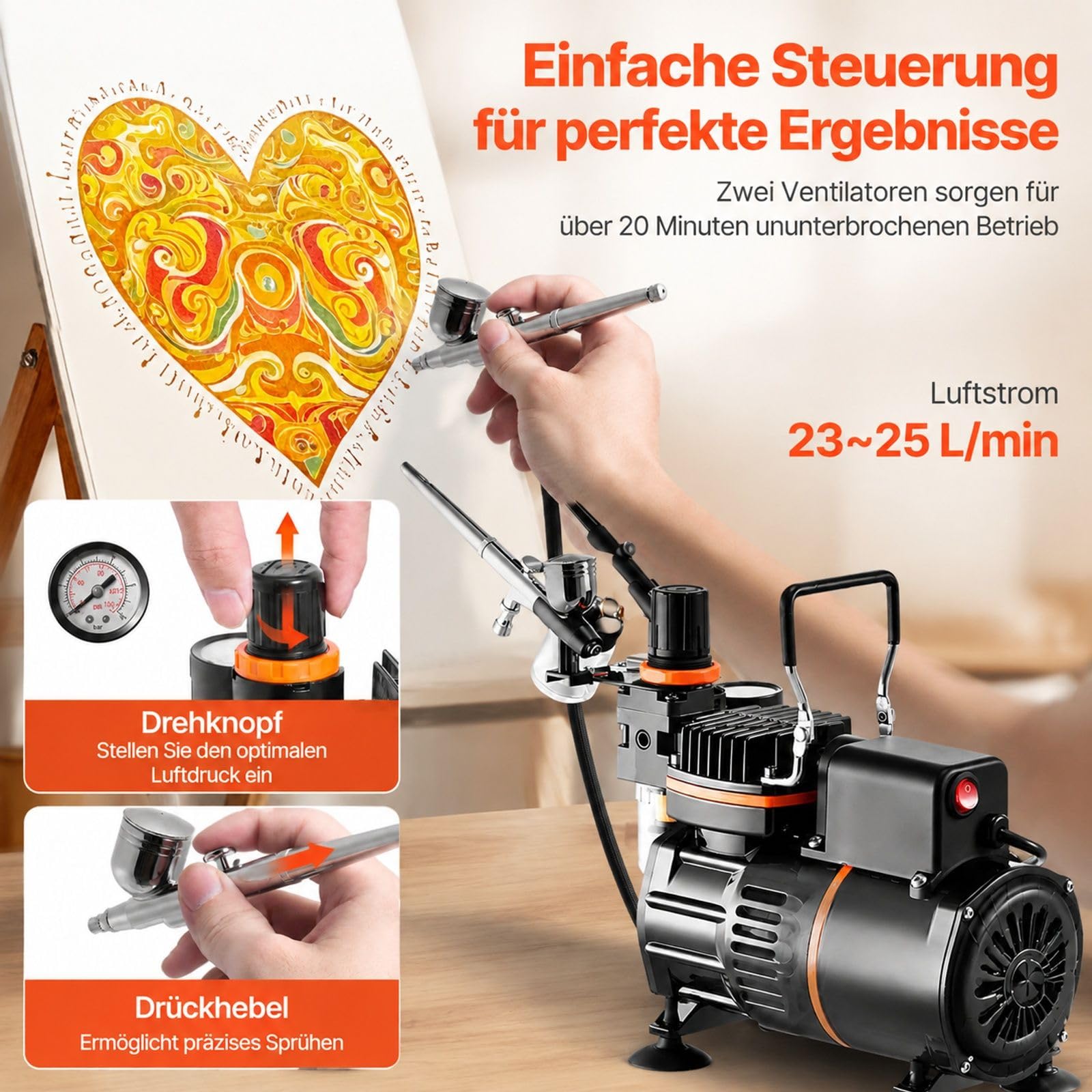 Airbrush Set mit Luftkompressor, 3 Double Action Airbrushpistolen, 3 Düsen, Schlauch, Acrylfarbe und 2 Ventilatoren für Tortendekoration, Modellbemalung und Nagelkunst