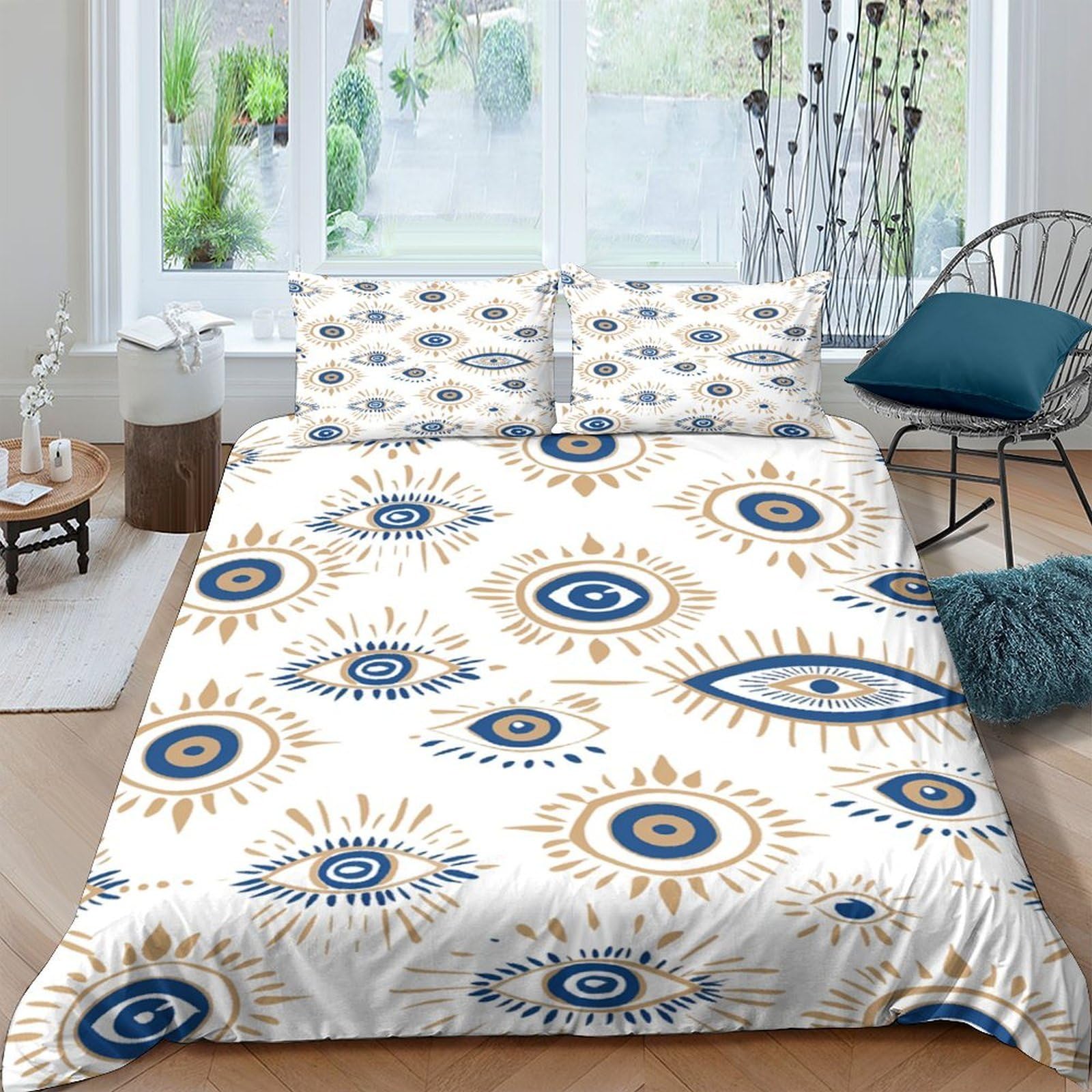 GPLZQXKJNH 3D Printed Evil Eye Pattern Duvet Cover Set Microfiber Soft Breathable Sun Symbol Bedding Set with 2 Pillowcases for Bedroom Decor Single（135x200cm）