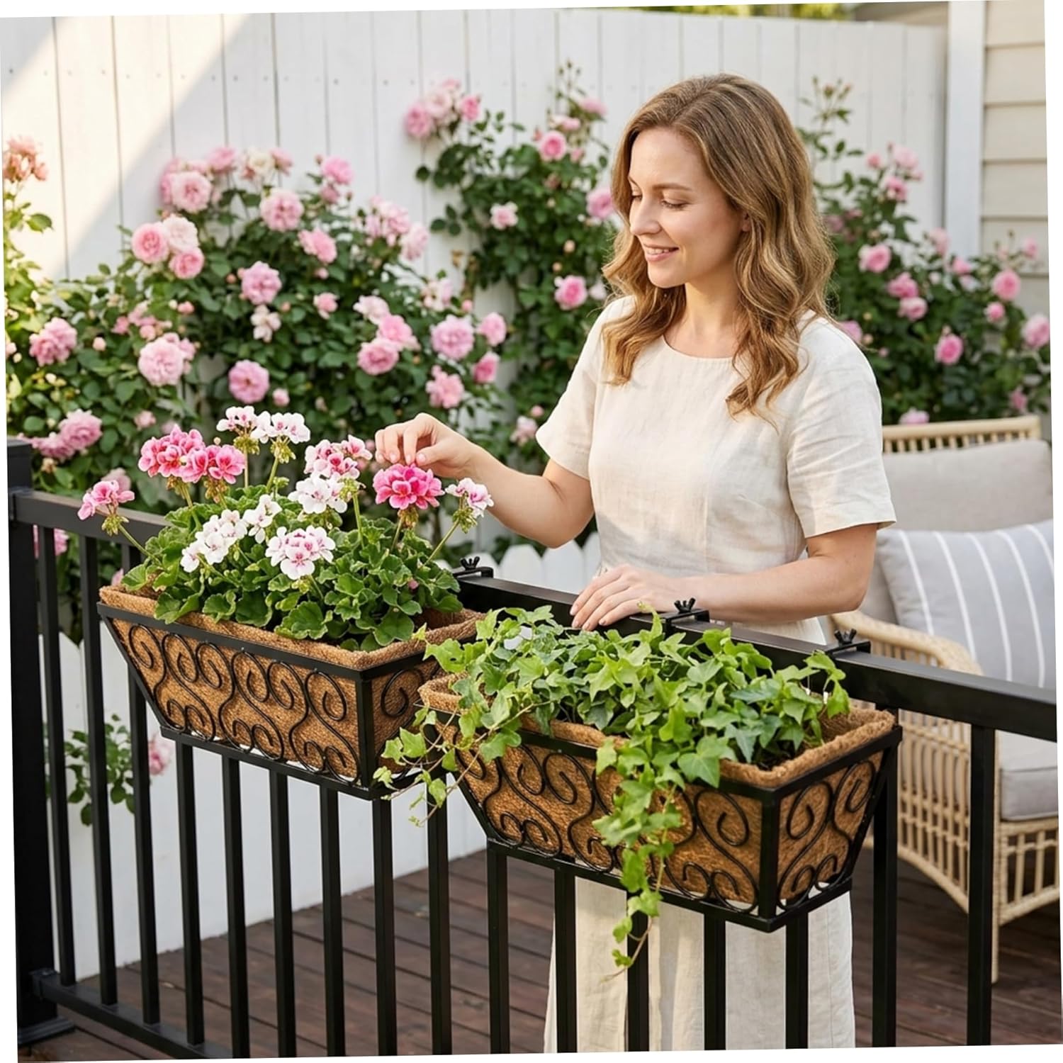 Deck Rail Planter 2 Pack Railing Planter Box, 16 Inch Hanging with Adjustable Brackets & Coconut Liner for Balcony, Deck, Porch Gardening