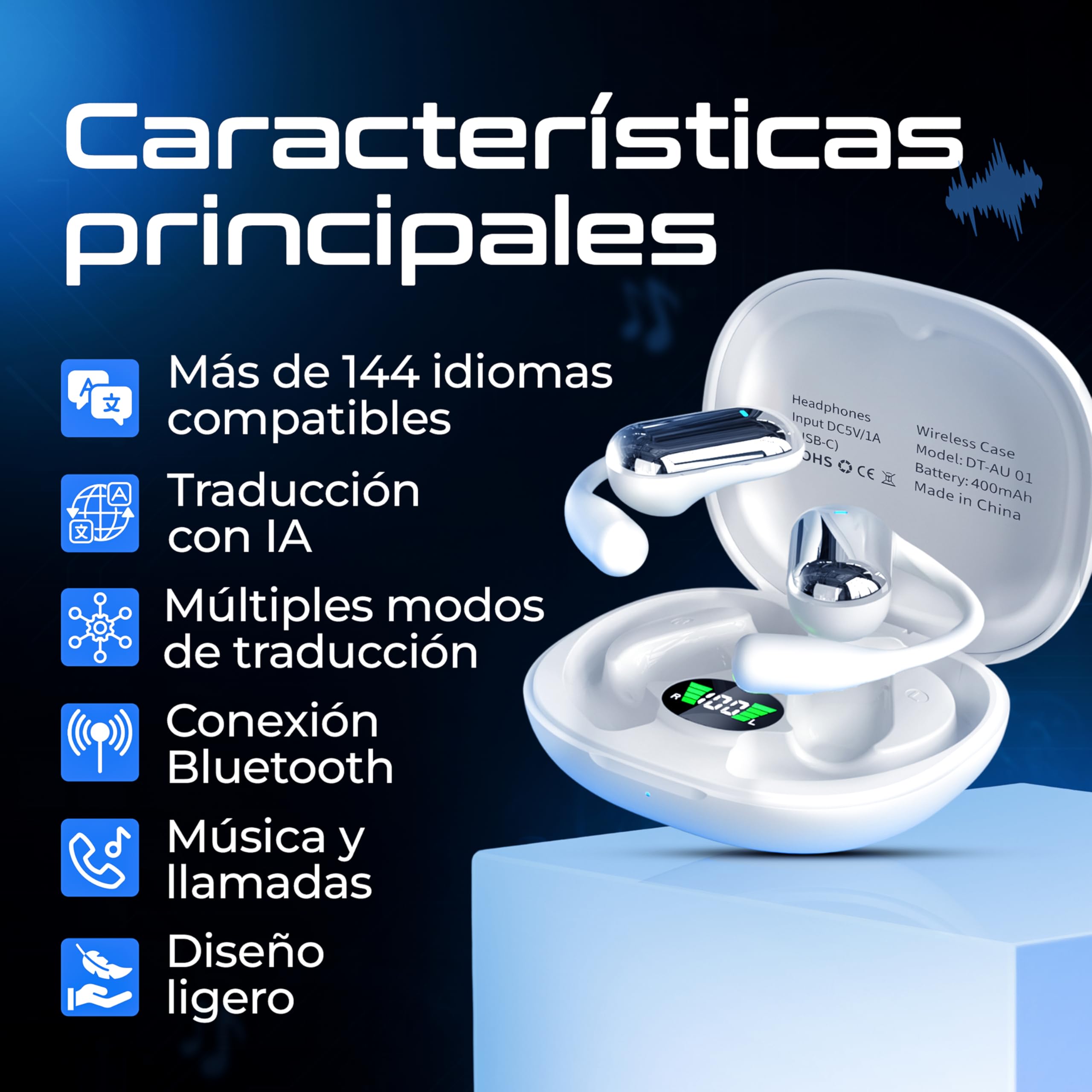 Auriculares Traductor en Tiempo Real - Auriculares Inalámbricos Bluetooth 5.4, Traductor Instantáneo de Voz, Auriculares Traductores Simultáneos IA, Traductor de Idiomas con Voz en Tiempo Real