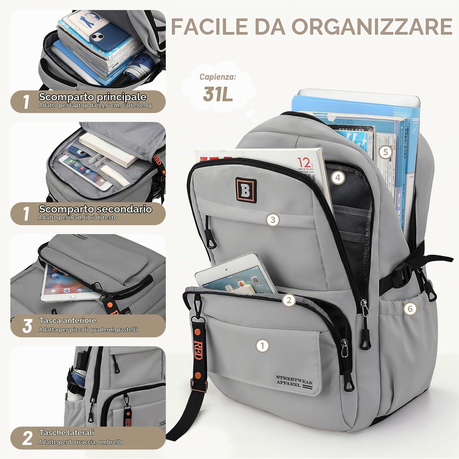 Amythe Zaino Trolley per Adolescenti, Zaini Scuola Media e Superiore per Ragazzi, Zainetto Casual per Uomo alla Moda Leggero da 31 Litri, 6 Ruote, Grigio