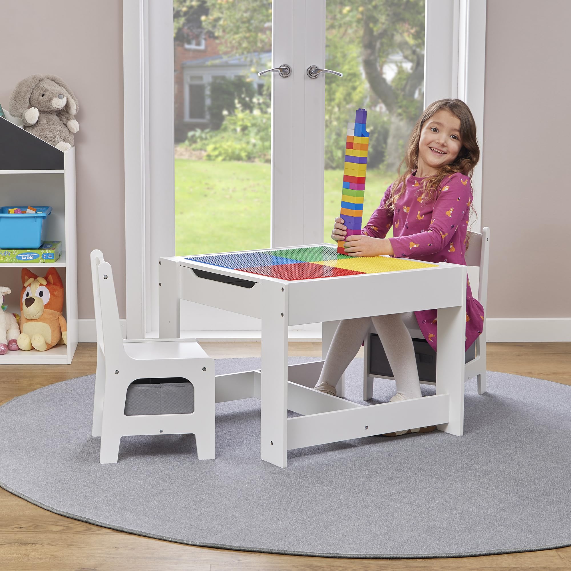 Liberty House Toys White Construction Top Table with Two Chairs and Storage