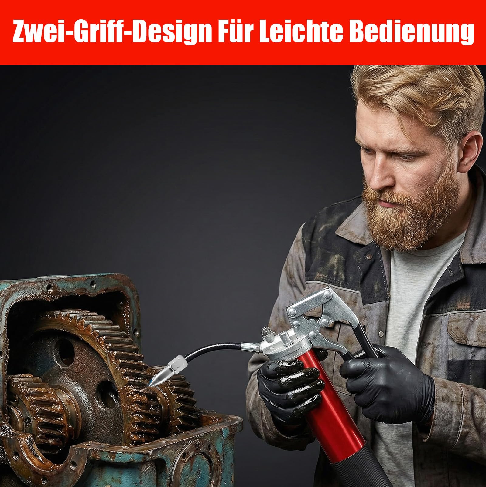 Fettpresse 8000 PSI für 400g Kartusche, Einhand Hochleistungs-Fettpresse Set mit Schnellkupplung, 18" Flexschlauch, 6" Metall-Verlängerungsrohr und 2 Düsen für Schmiernippel