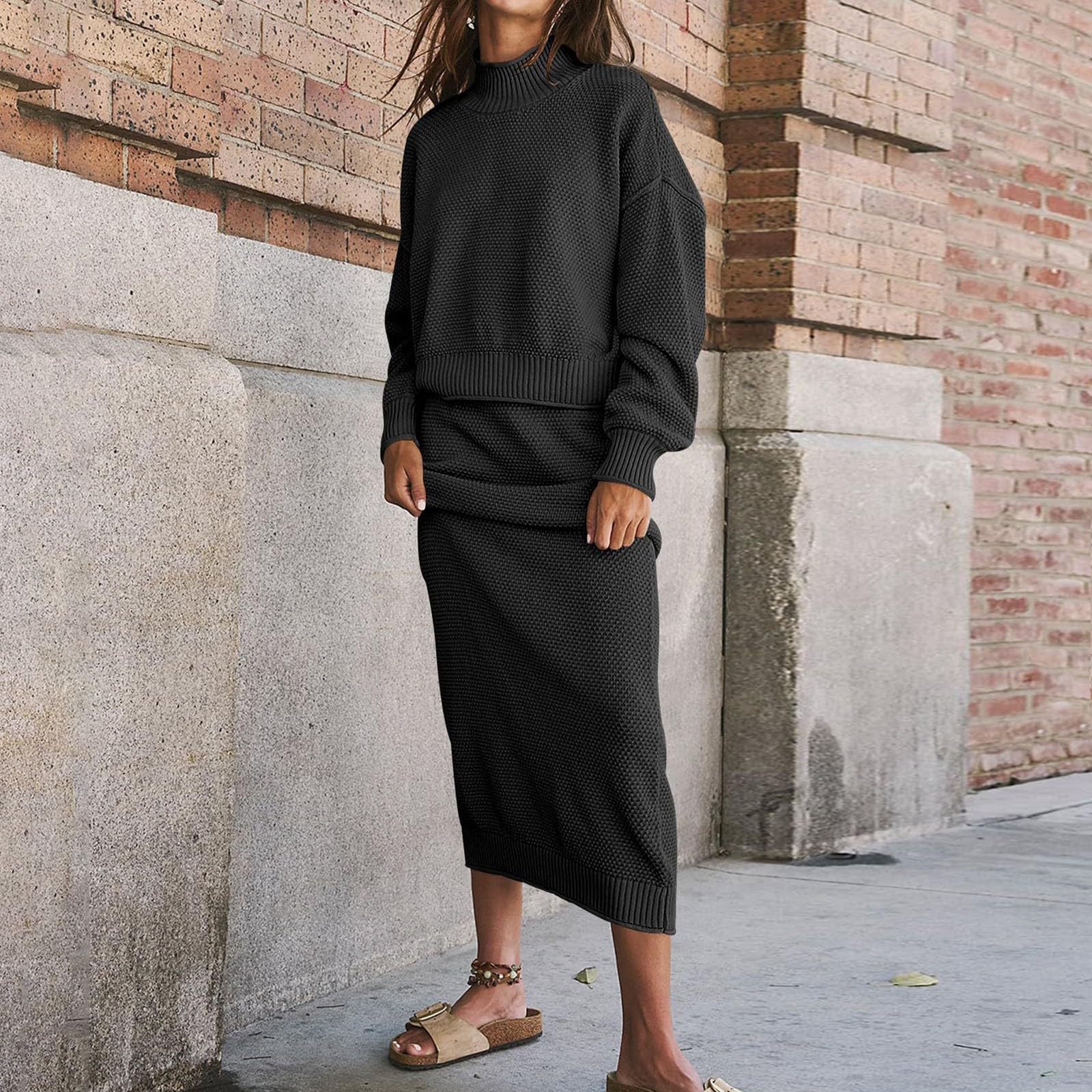 Set di gonna maglione da donna in 2 pezzi, di maglione a maniche lunghe con collo a lupetto, set di gonna lunga maxi in maglia