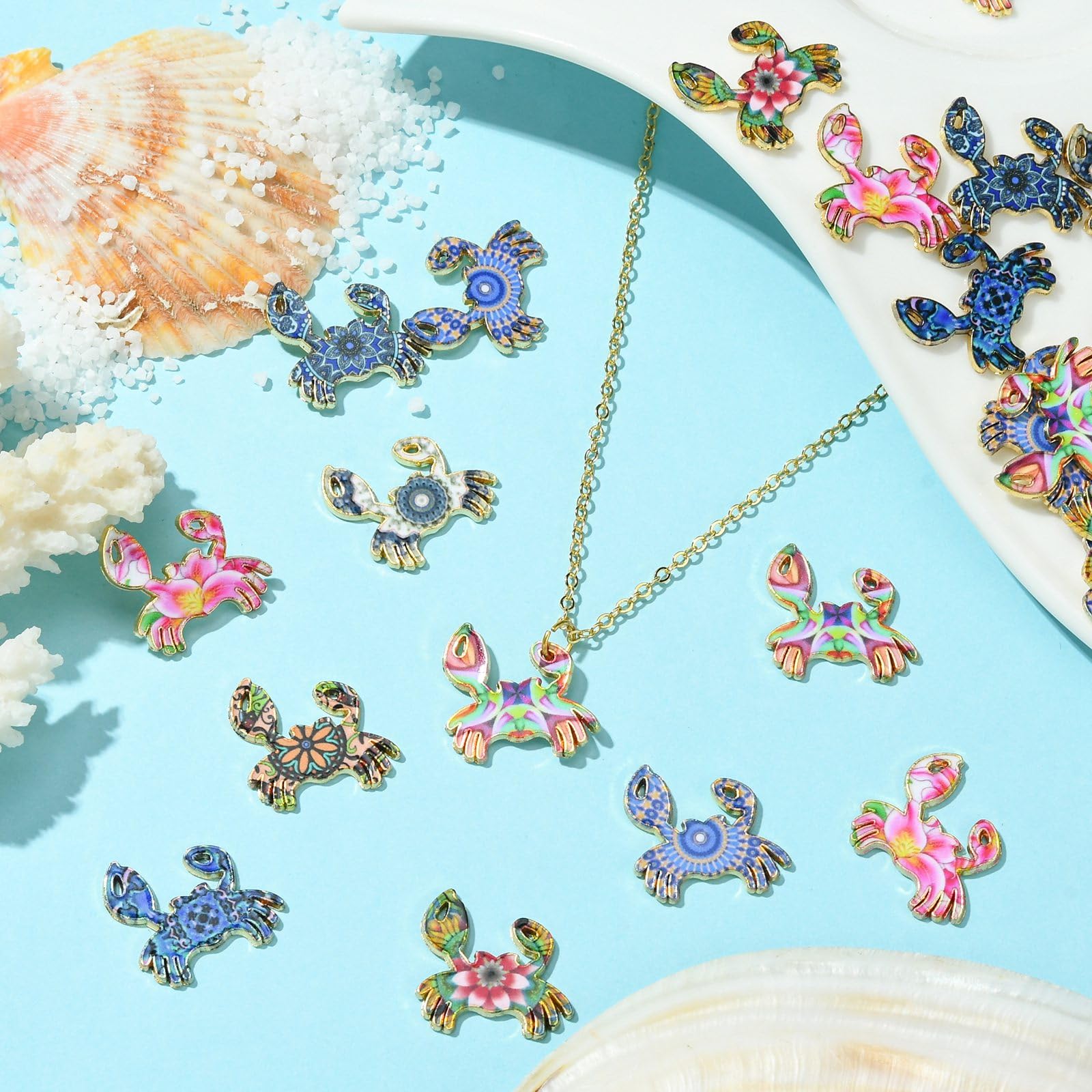 Stiesy 40Pcs 8 Styles Enamel Crab Charms Flower Printed Crab Pendant Charm Sea Animal Dangle Charms for Jewellery Making DIY Bracelet Crafting Gifts - Image 4