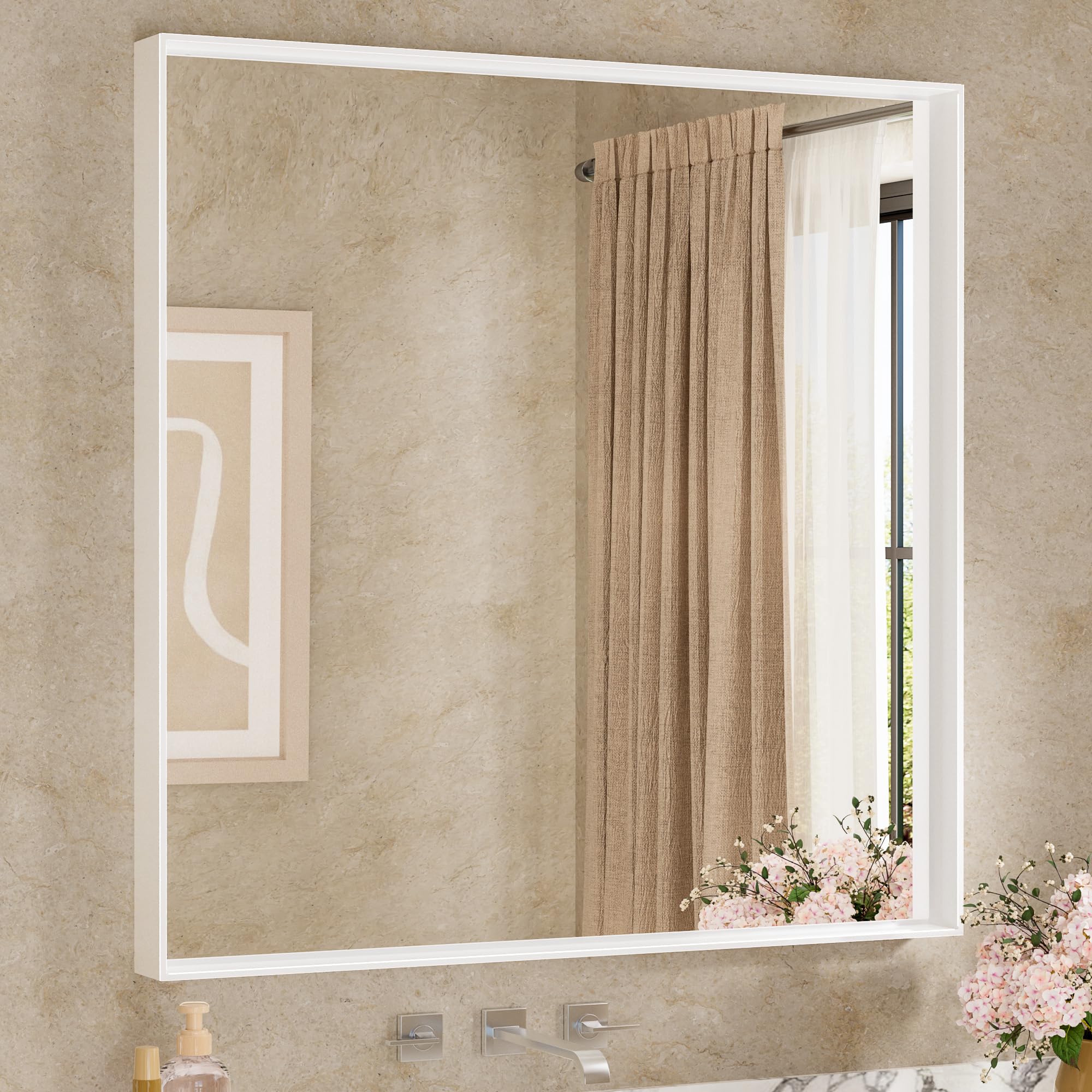 Amazon.com: Keonjinn White Bathroom Mirror 36 x 36 Inch Metal Framed ...