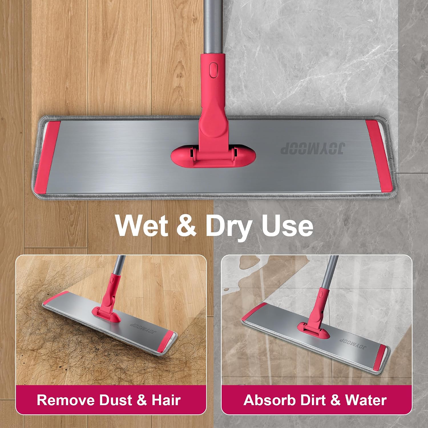 JOYMOOP 18 Inch Microfiber Dust Mop for Hardwood Floors, Heavy Duty Wet Dry Cleaner with Telescopic Handle, Includes 5 Mop Pads, Red-Grey