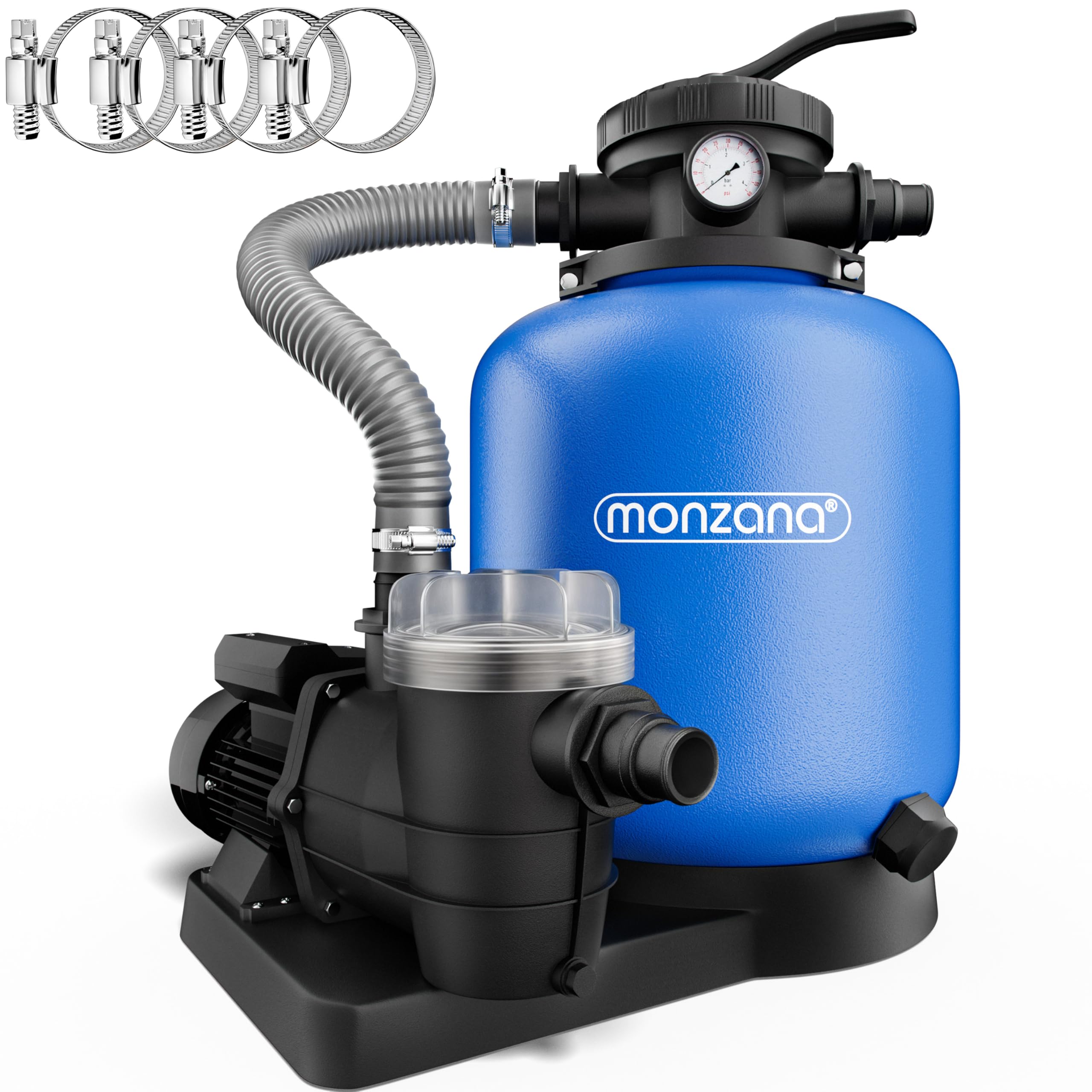 MONZANA® Sandfilteranlage 13.200L/h bis 58.000L Pool Vorfilter 7-Wege-Ventil 600W 30L Tank 2in1 Adapter Ø32-38mm Filteranlage Poolfilter Sandfilter