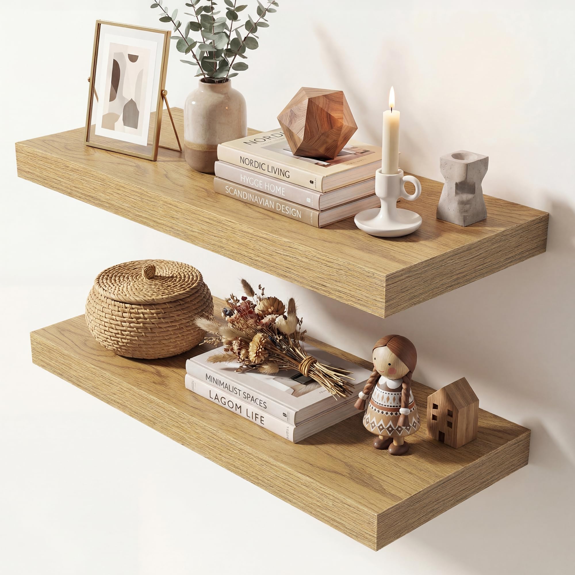 Dreamland 24 Inches Floating Shelves for Wall,9.3" Deep Long Floating Shelves Set of 2,Large Display &amp; Storage Shelf,Wall Shelf for Bathroom Bedroom Living Room Kitchen Office,Oak