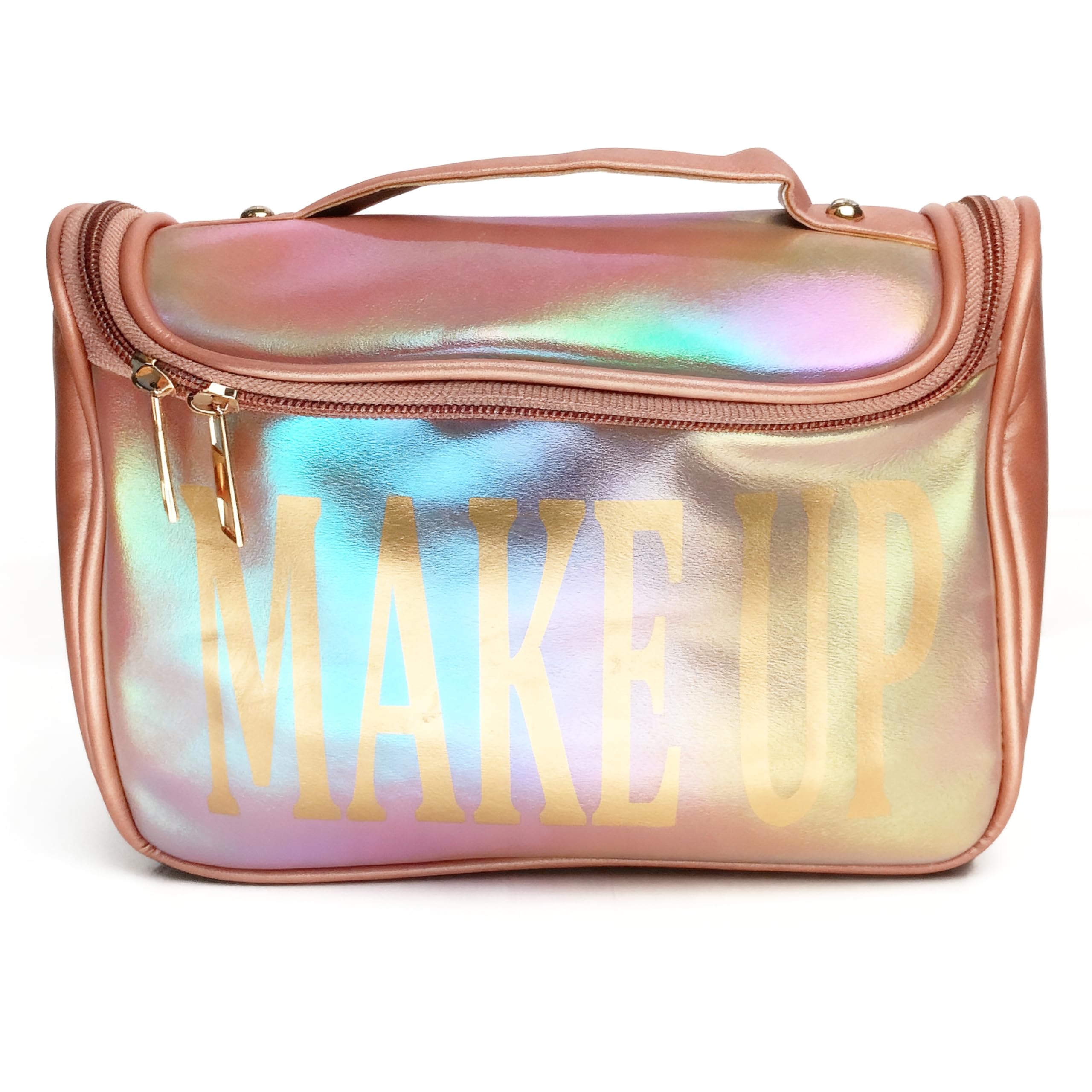 beauty holographic makeup bag for women with handle | large storage | inner zipper pocket | travel friendly makeup pouch (rose gold)