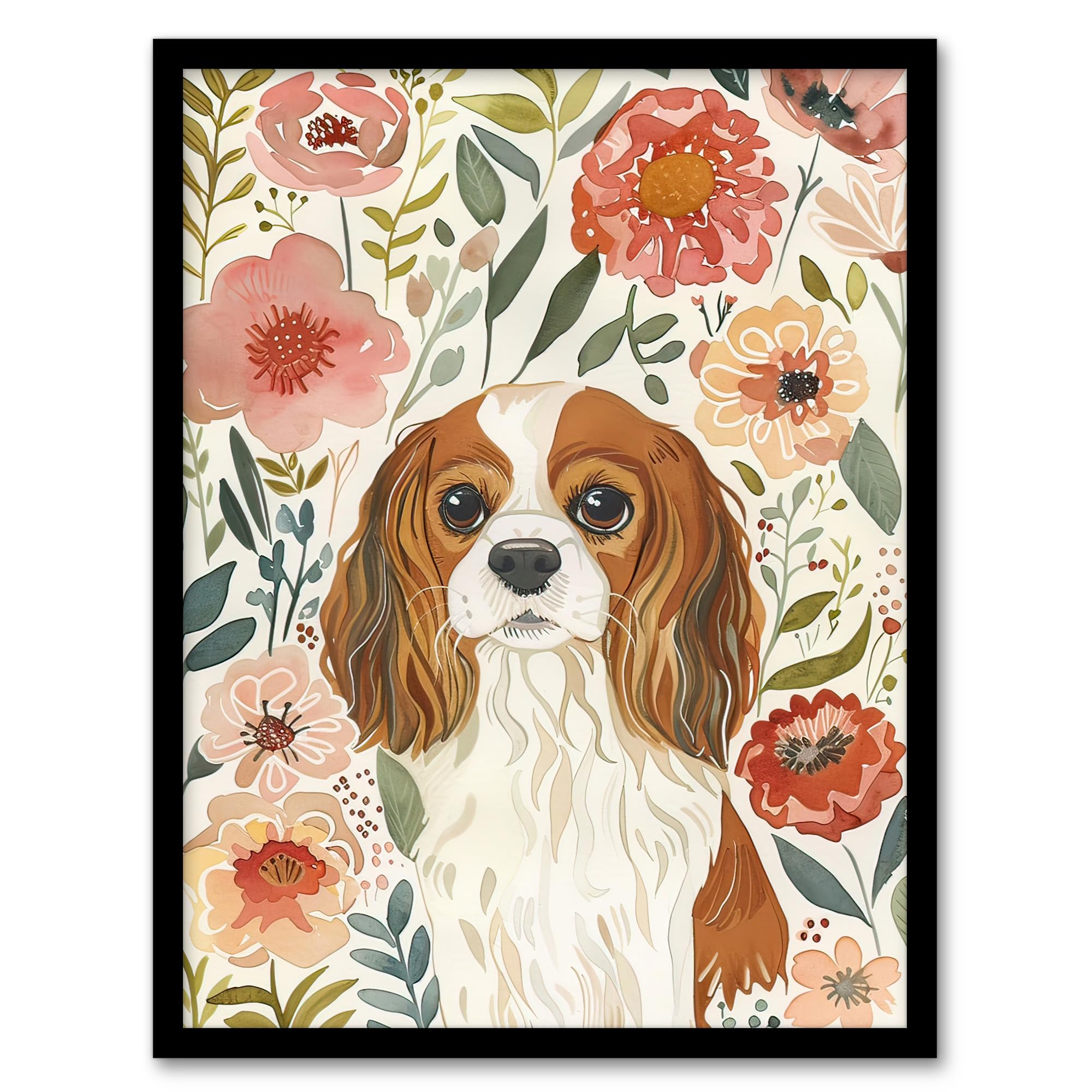 Artery8 Cute Cavalier King Charles Spaniel in Wildflowers Living Room Artwork Framed Wall Art Print A4