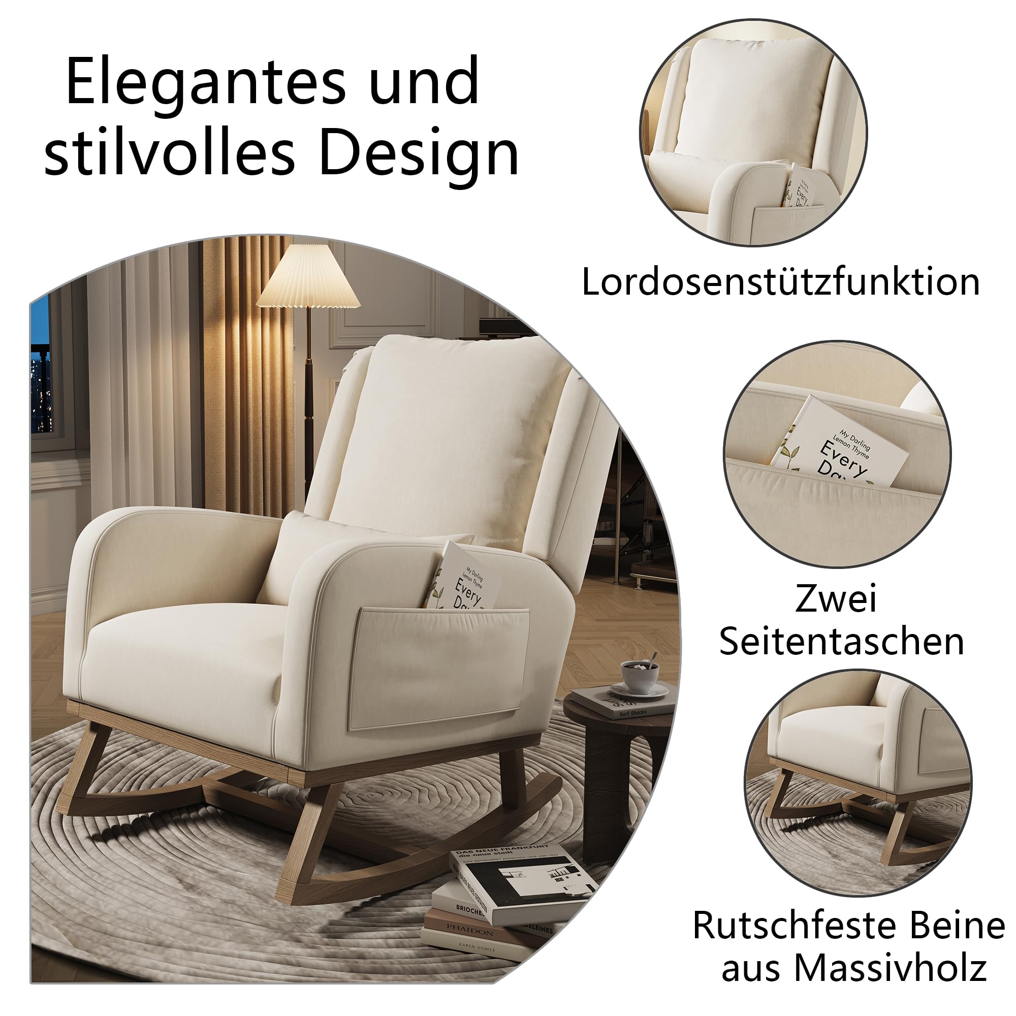 Fotel bujany, tapicerowany, nowoczesny fotel bujany, wysokie oparcie, Accent Glider Rocker, beżowo-lniane krzesło do salonu, sypialni