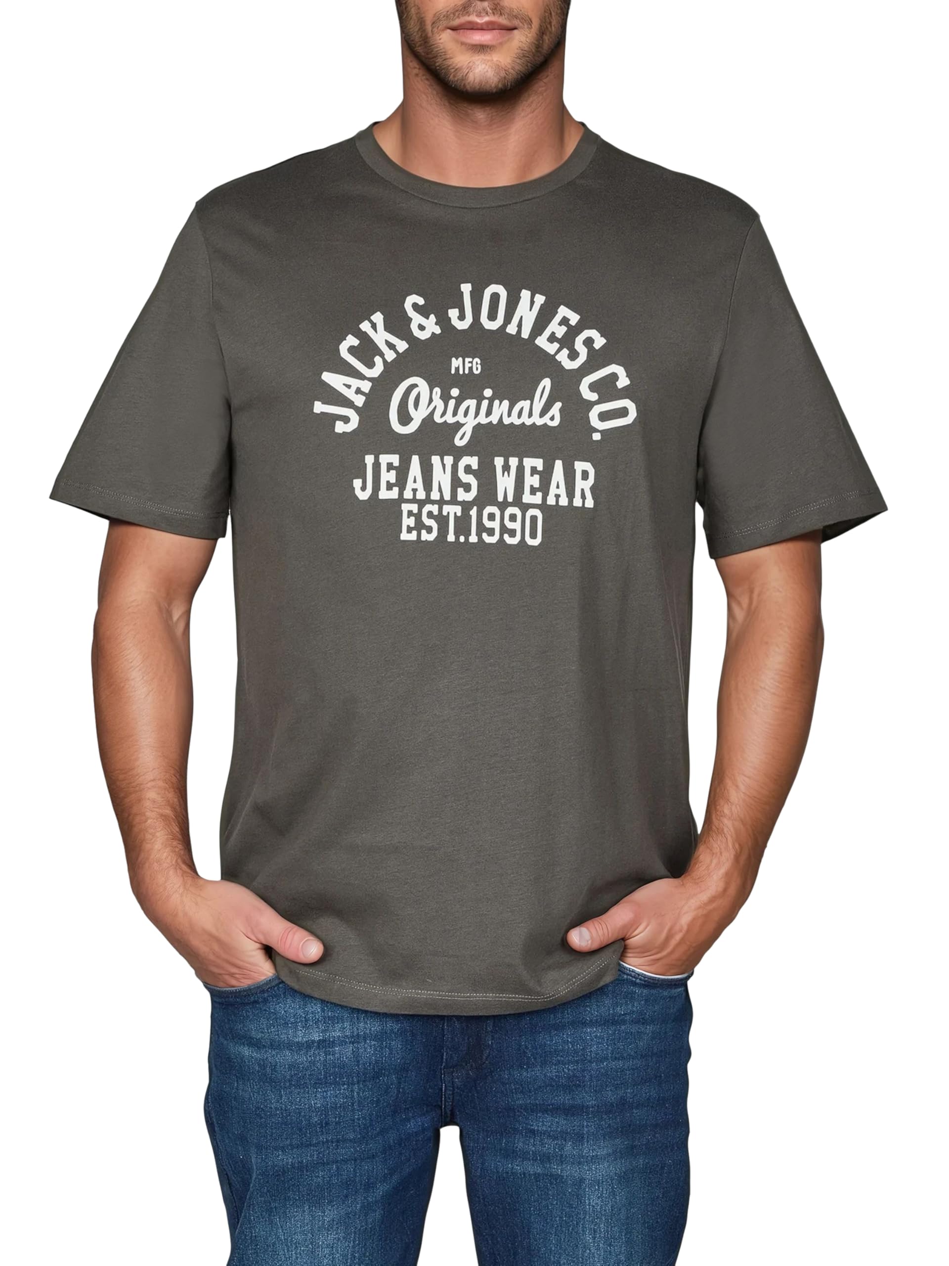 JACK & JONES JJLINO Lot de 4 t-shirts à col rond et manches courtes, coupe droite, imprimé été, 100 %, t-shirt en coton, noir, blanc, vert, rouge, bleu, gris, tailles S, M, L, XL, XXL, 3XL