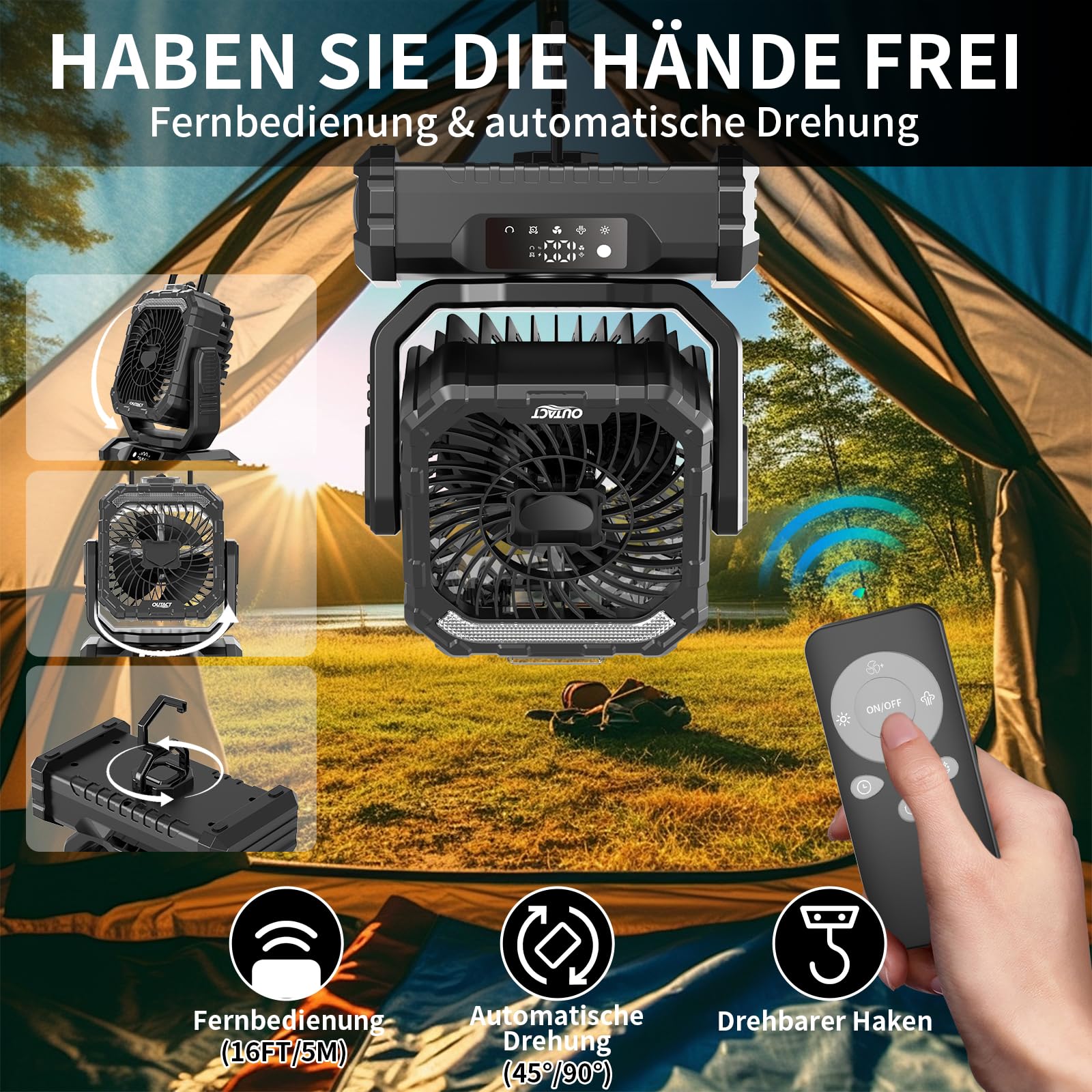 Camping Ventilator 20000mAh, Wiederaufladbarer Tischventilator USB Ventilator mit LED Licht & Haken, 270° Drehung mit Fernbedienung, Misting Fan für Outdoor, Zelt, Grillen, Strand - Schwarz