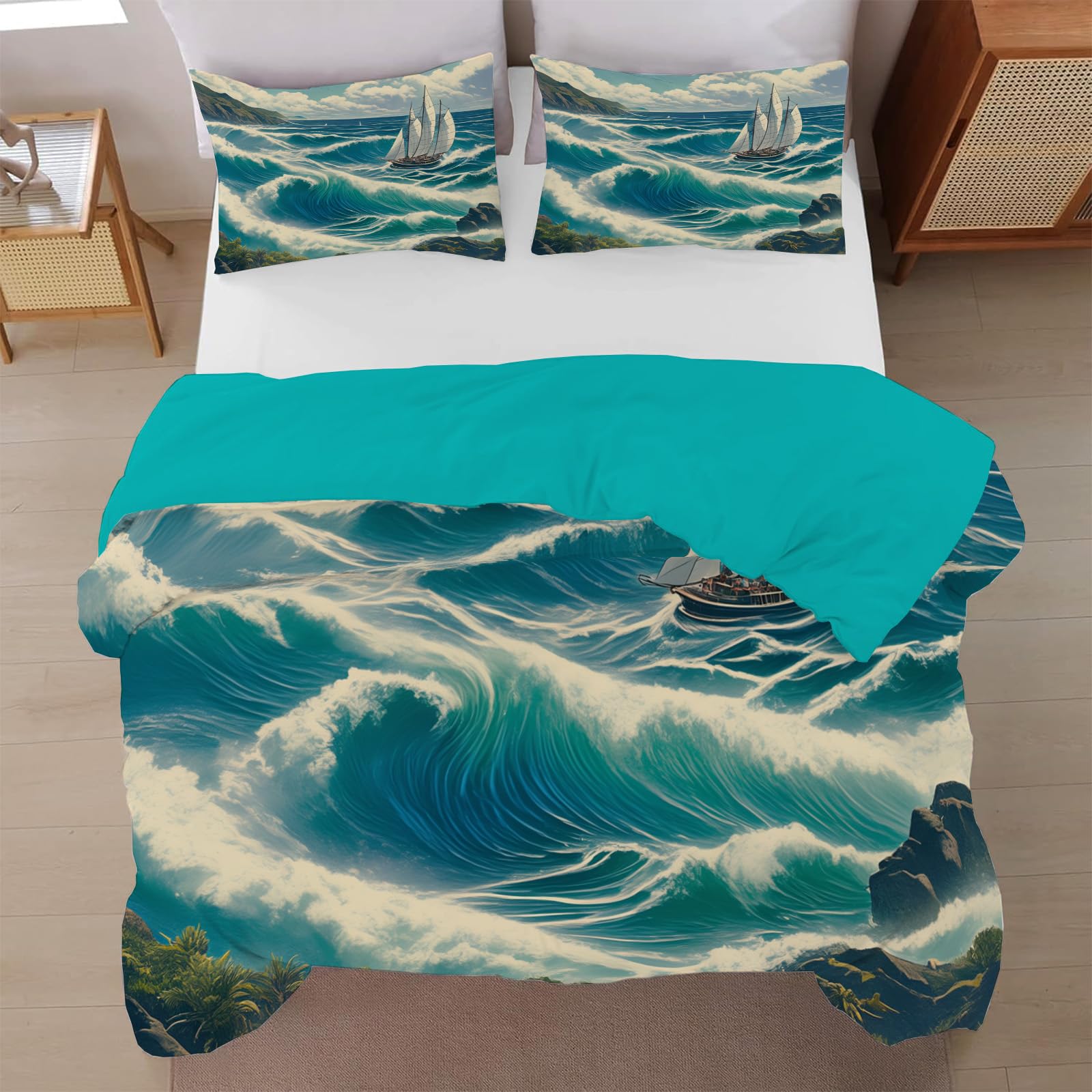 Housse de couette voilier rétro et parure de lit réversible vagues naturelles adulte enfant