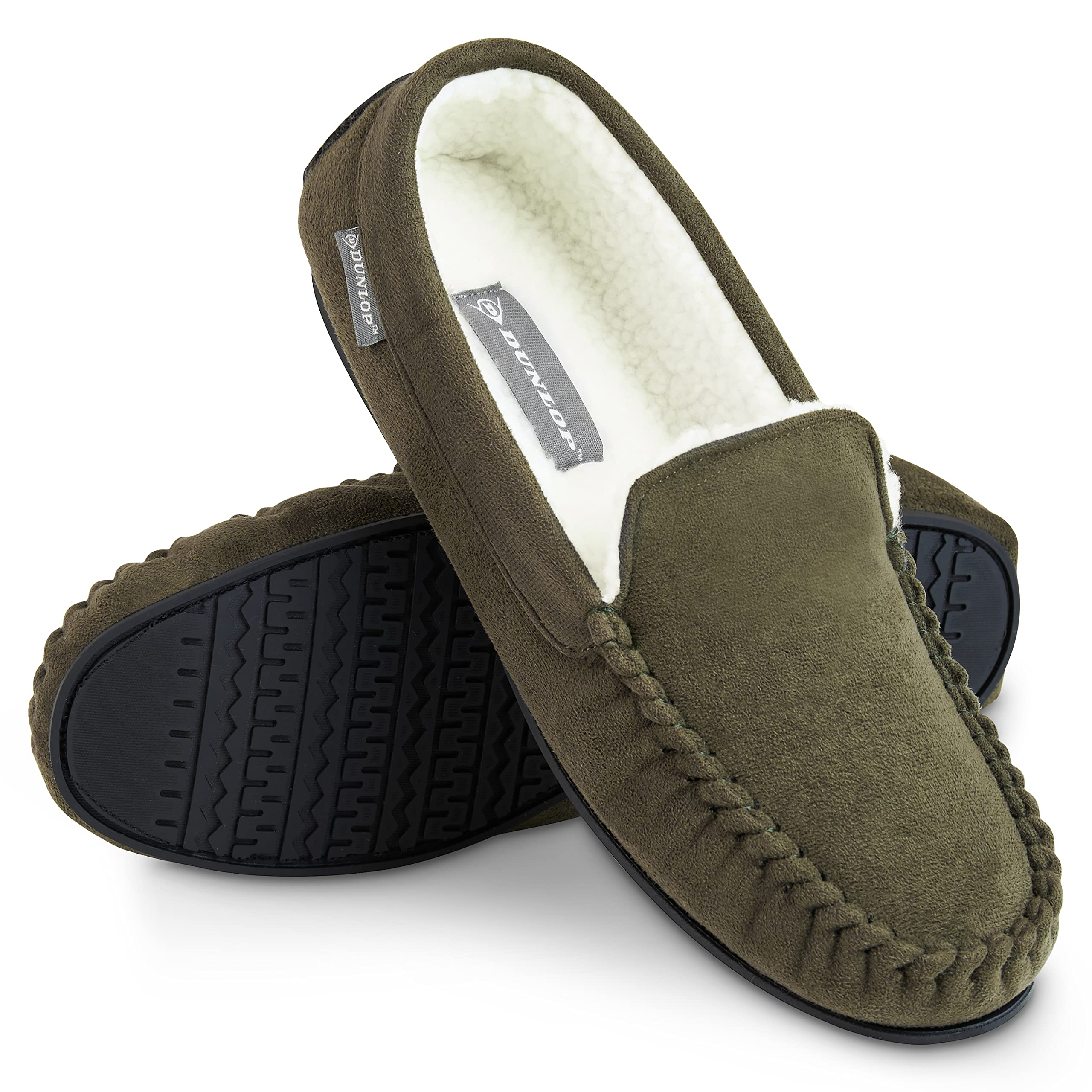Dunlop Mens Moccasin Slippers Memory Foam Faux Sheepskin Indoor